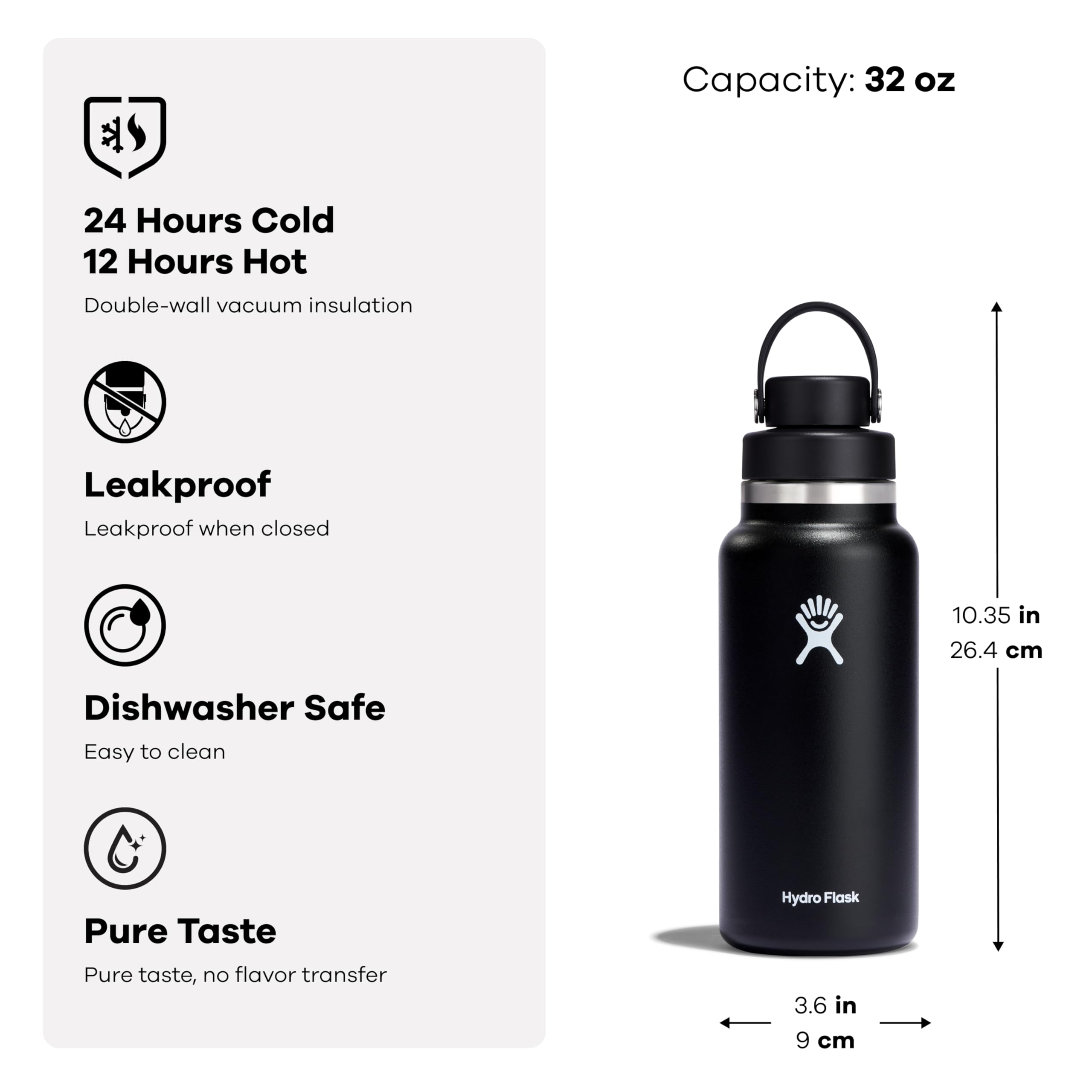 Hydro Flask para exteriores, apta para lavavajillas y limpieza rápida.
