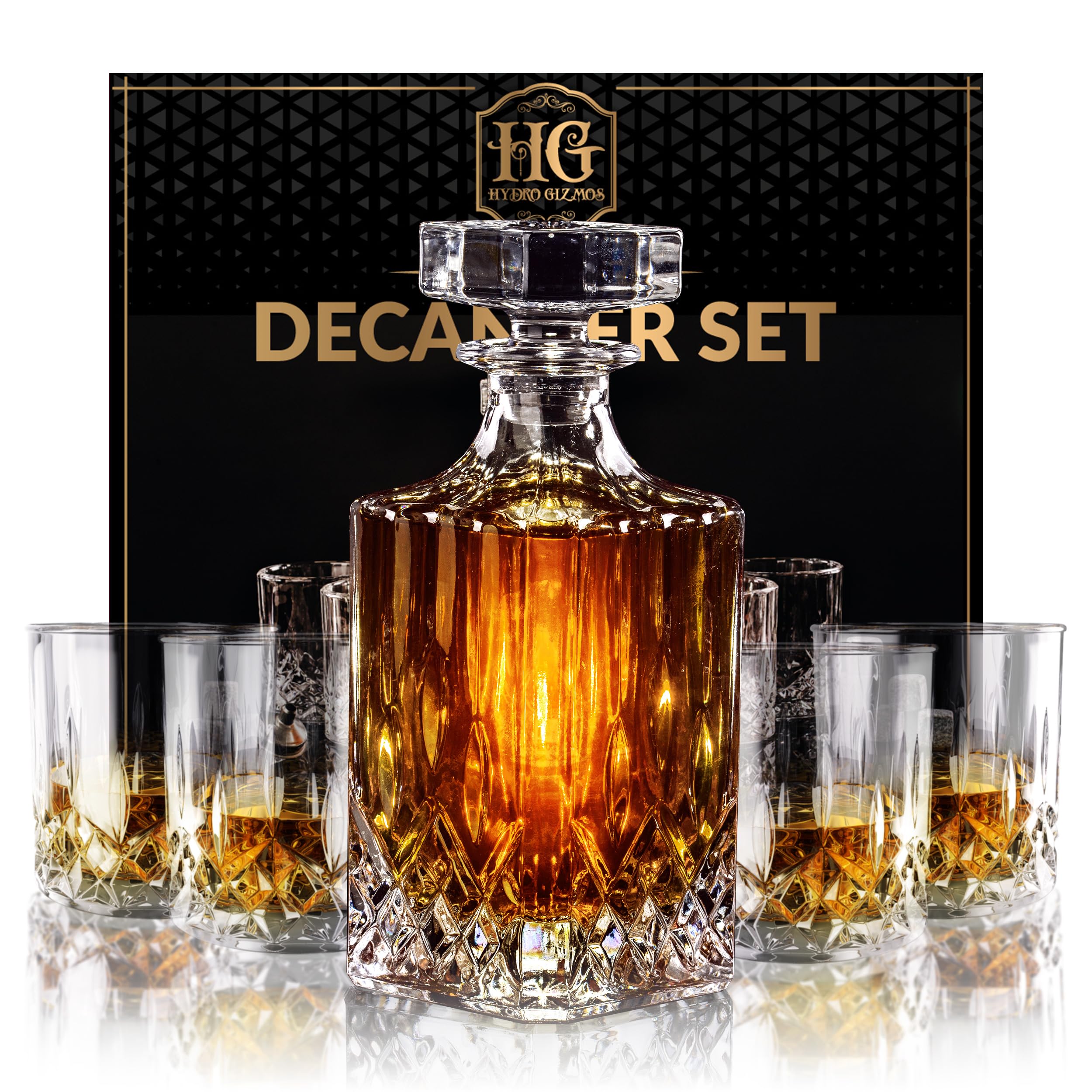 Hydro Gizmos decantador de whisky con copas, ideal para degustaciones elegantes en casa.