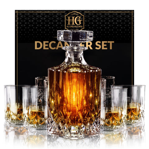 Hydro Gizmos decantador de whisky con copas, ideal para degustaciones elegantes en casa.