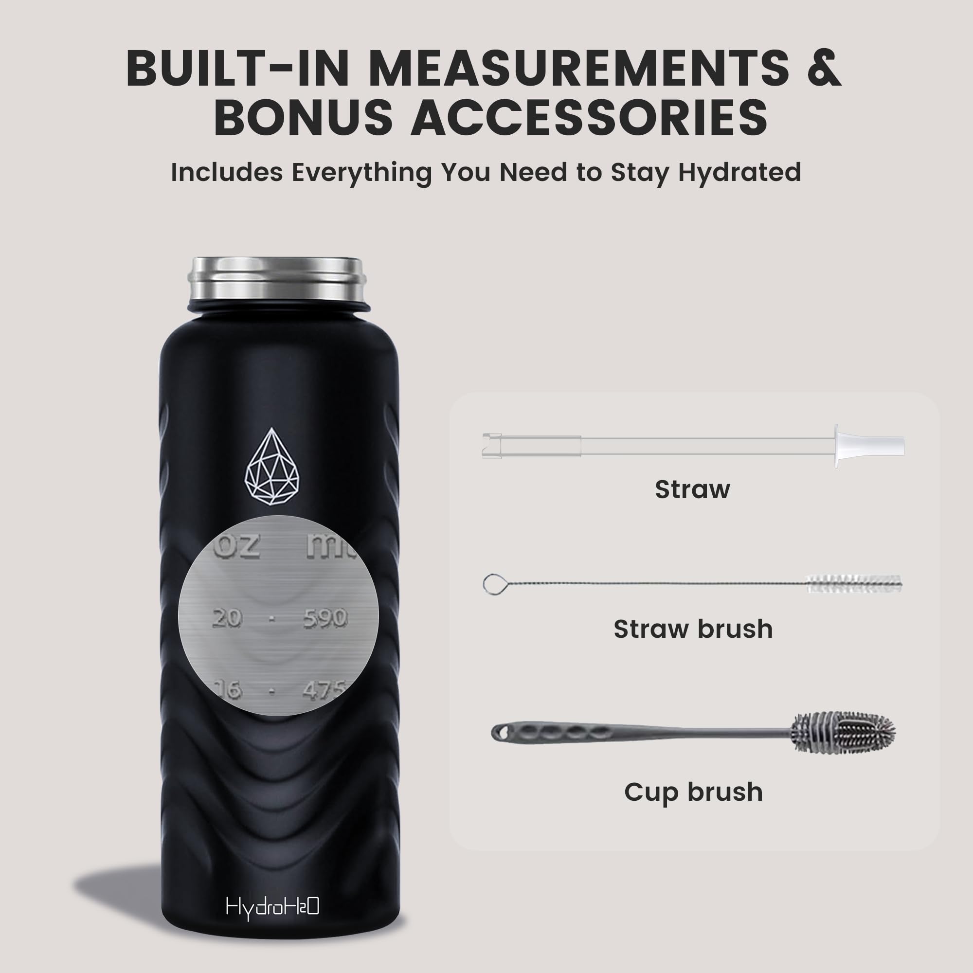 HYDRO H2O cuerpo de acero inoxidable sin BPA para uso seguro.