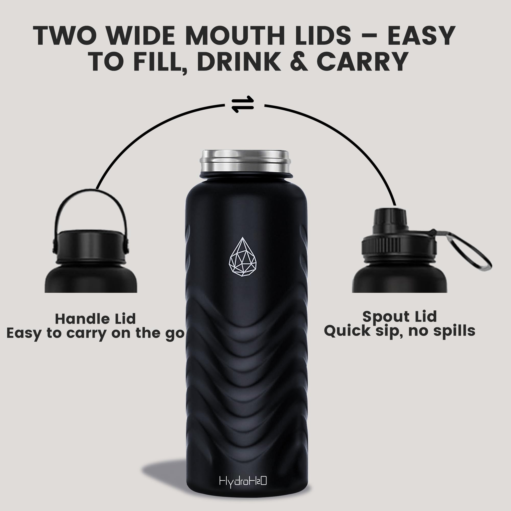 HYDRO H2O doble tapa boquilla y asa para mayor versatilidad.
