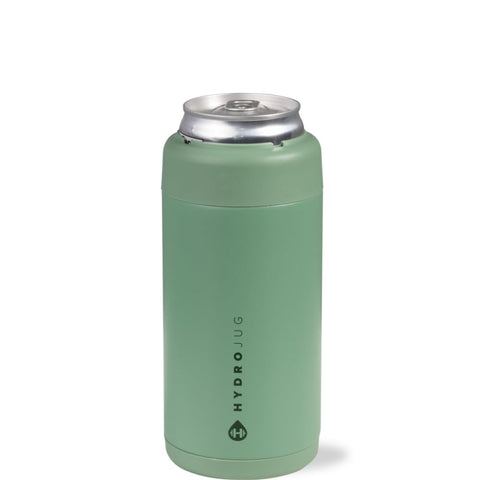 HydroJug enfriador de latas con tapa rosca, enfoque en seguridad para viajar sin derrames.