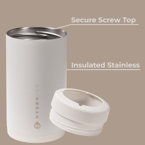 HydroJug Tapa rosca segura para evitar derrames durante viajes.
