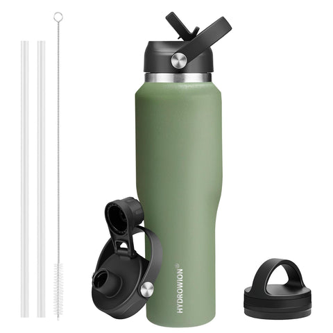 HYDROWION botella de 40 oz musgo, vista lateral, ideal para actividades al aire libre.