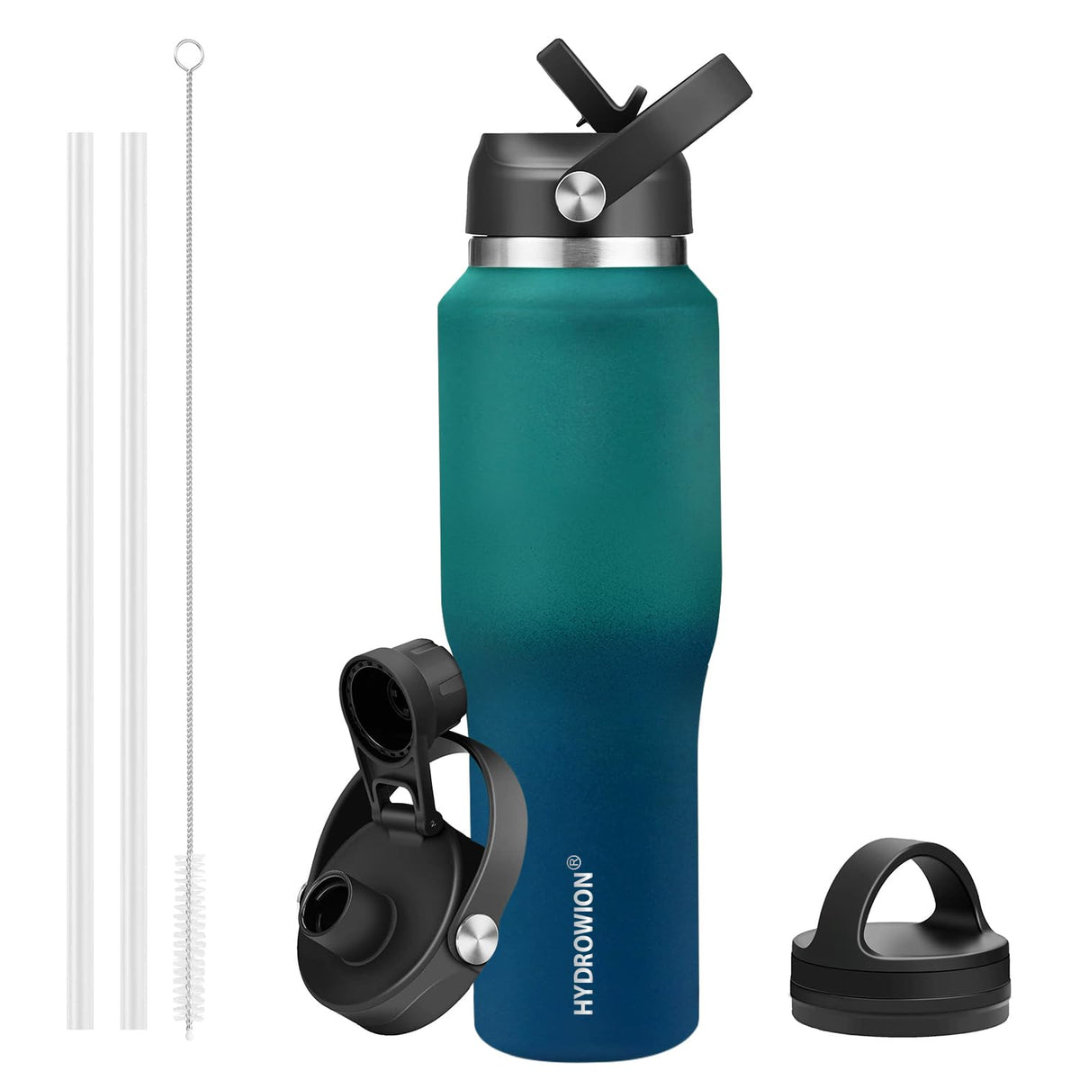 HYDROWION botella de acero inoxidable, vista frontal, mantiene bebidas frescas por más tiempo