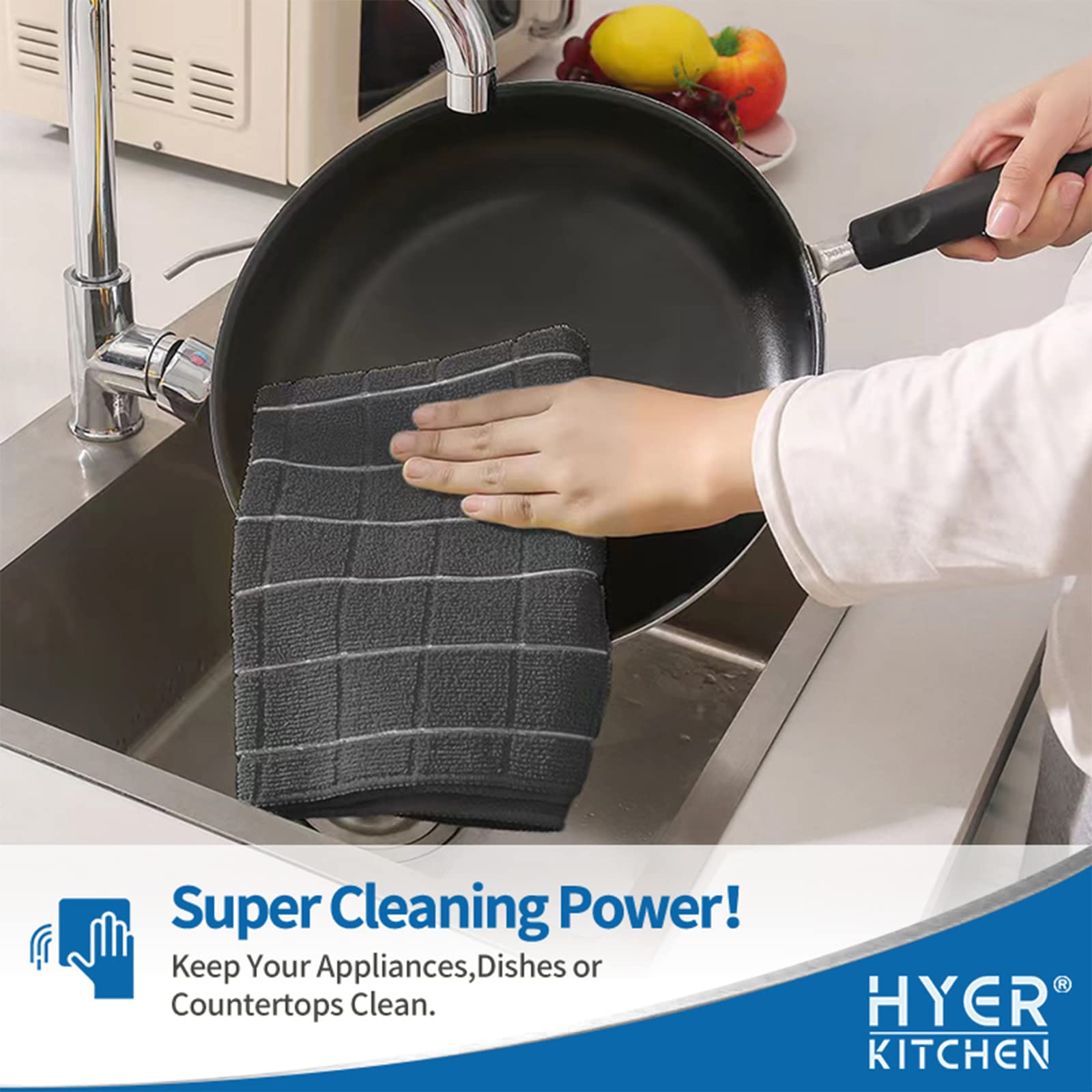 HYER KITCHEN toallas microfibra durables, forma estable tras lavados, diseño entramado negro