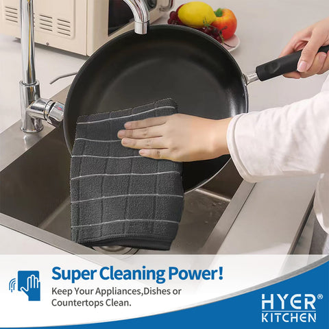 HYER KITCHEN toallas microfibra durables, forma estable tras lavados, diseño entramado negro