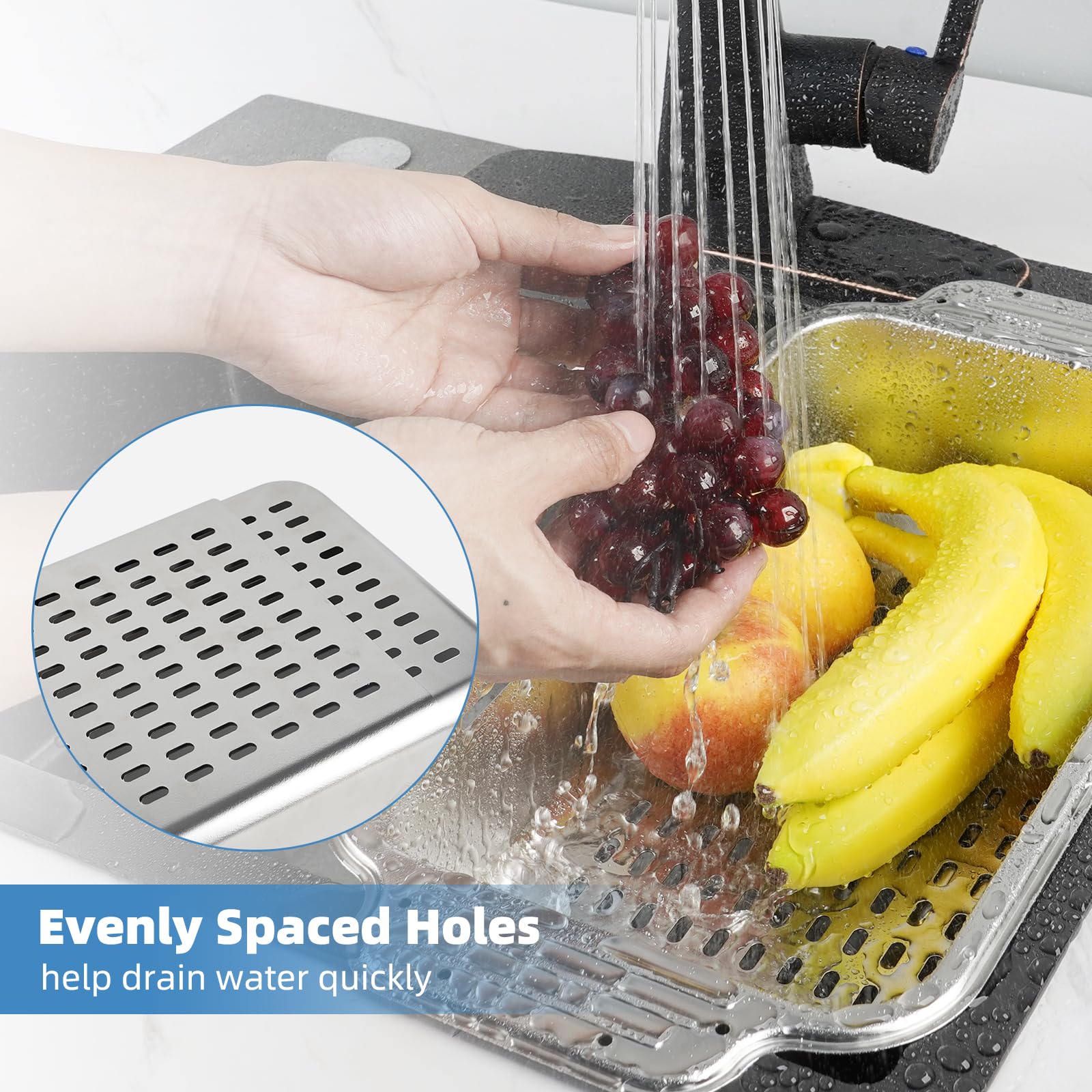 Colador Hygie Rinse con asas para sostener y escurrir fácilmente.