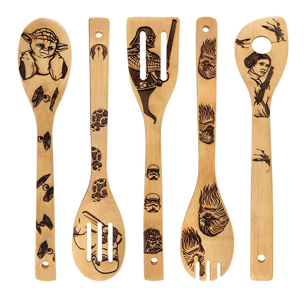 HYGNN Star Wars: juego de cucharas de madera quemada, vista general para cocinar y servir.