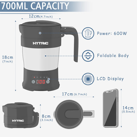 HYTRIC tetera de viaje portátil con mango plegable para transporte cómodo.