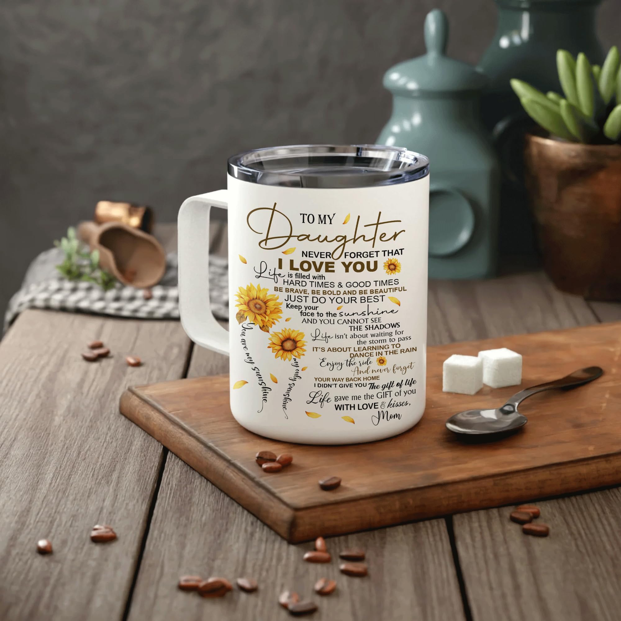 Taza Hyturtle con diseño para mi hija, adornada con girasoles y mensaje cálido.