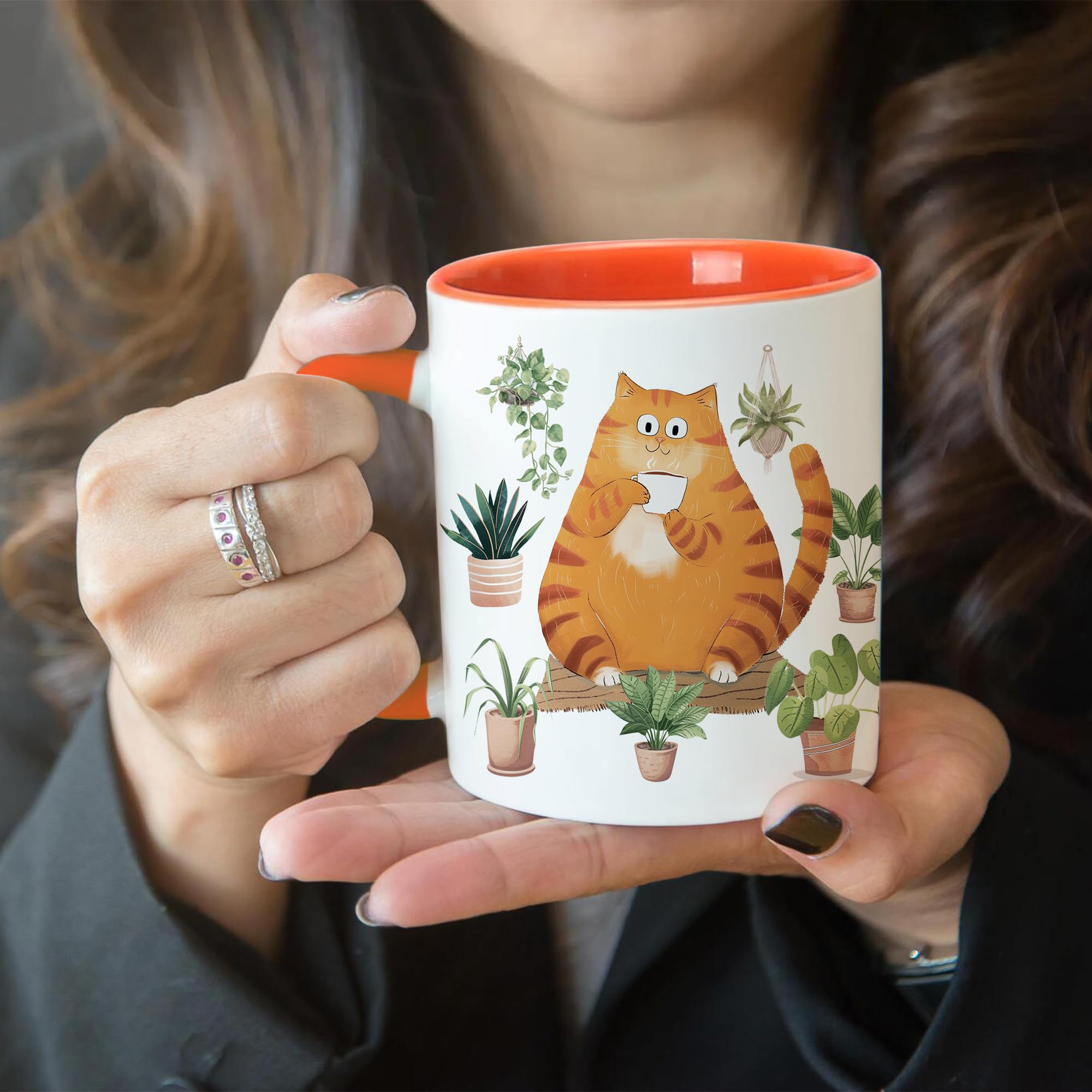 Hyturtle taza cerámica, diseño de gato y plantas, duradera y fácil de lavar.