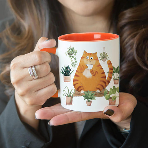 Hyturtle taza cerámica, diseño de gato y plantas, duradera y fácil de lavar.