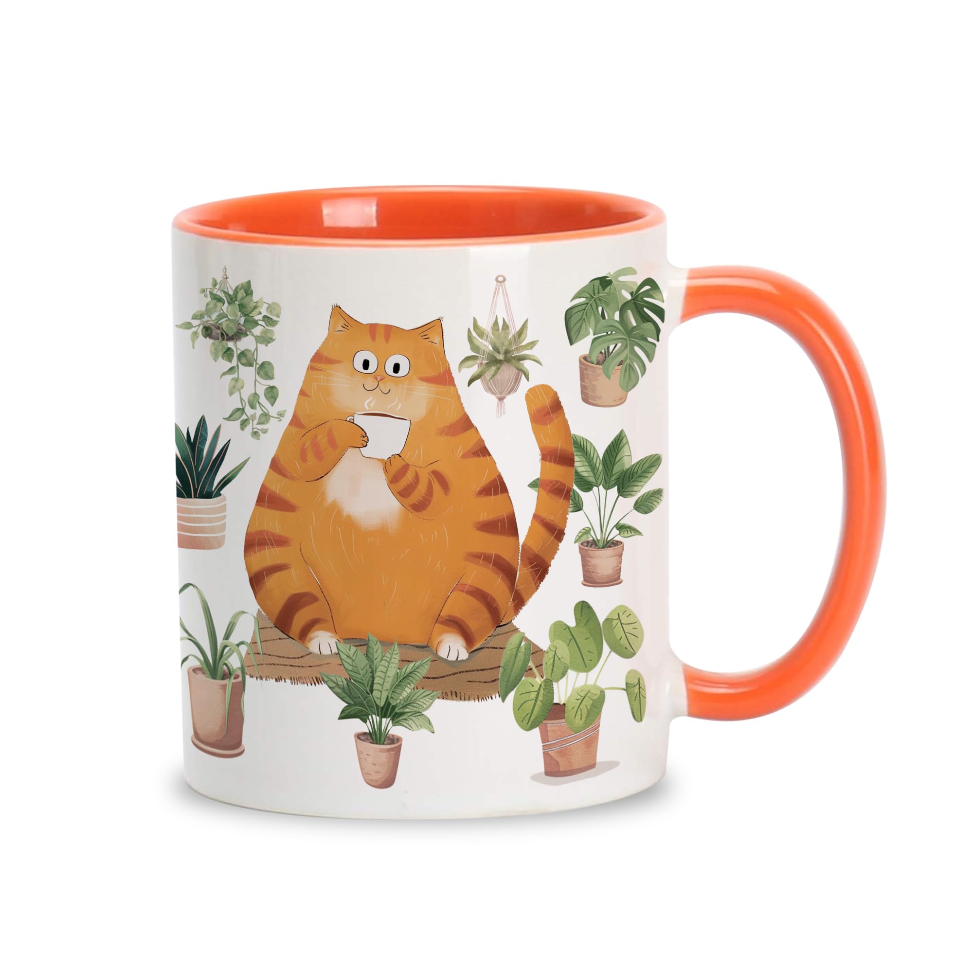 Taza Hyturtle con gato naranja y plantas, ideal para tu ritual de café diario.