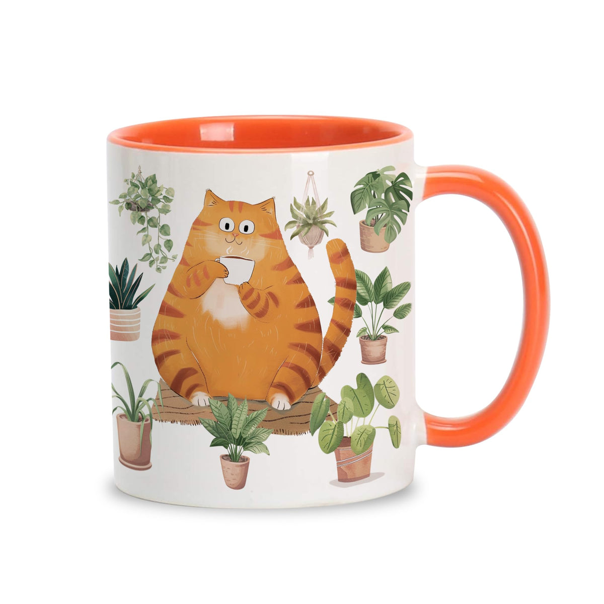 Taza Hyturtle con gato naranja y plantas, ideal para tu ritual de café diario.
