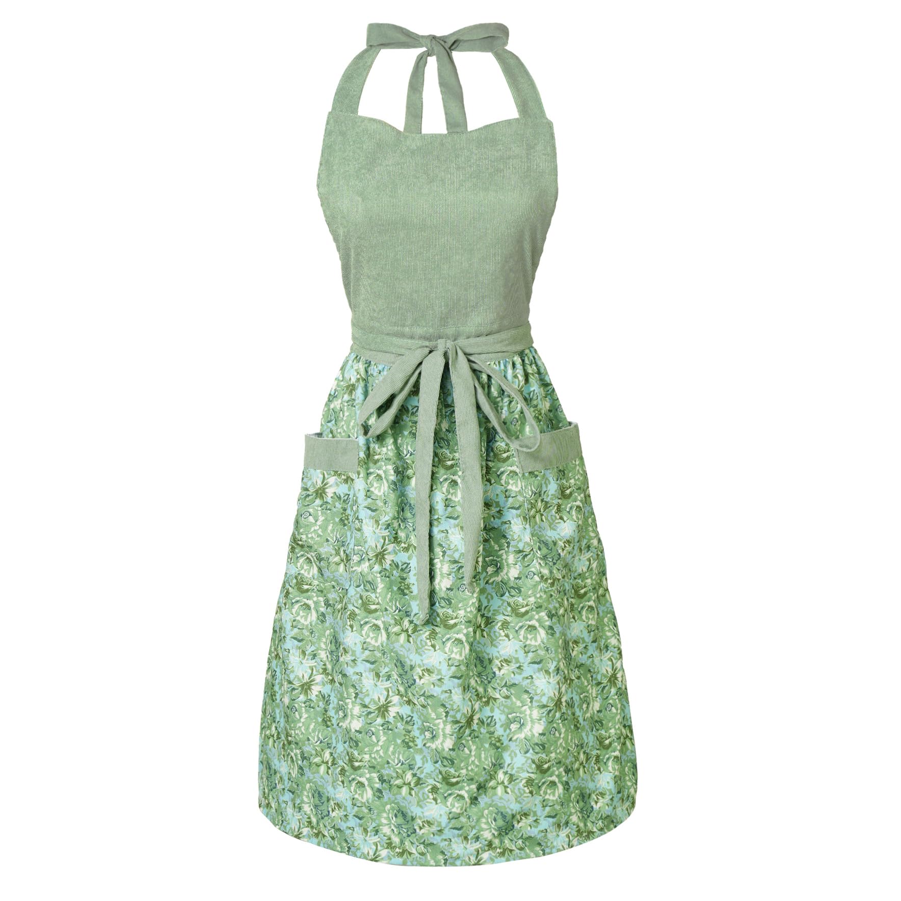 HYVOROS delantal floral para mujer con bolsillos en verde claro, ideal para cocinar en casa.