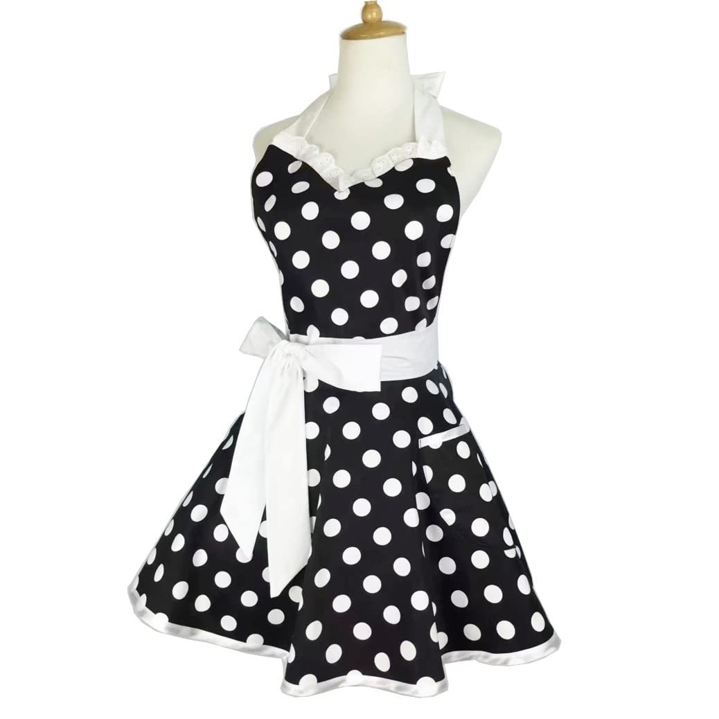 Delantal Hyzrz Estampado Lunares Negro con lunares blancos, práctico y elegante