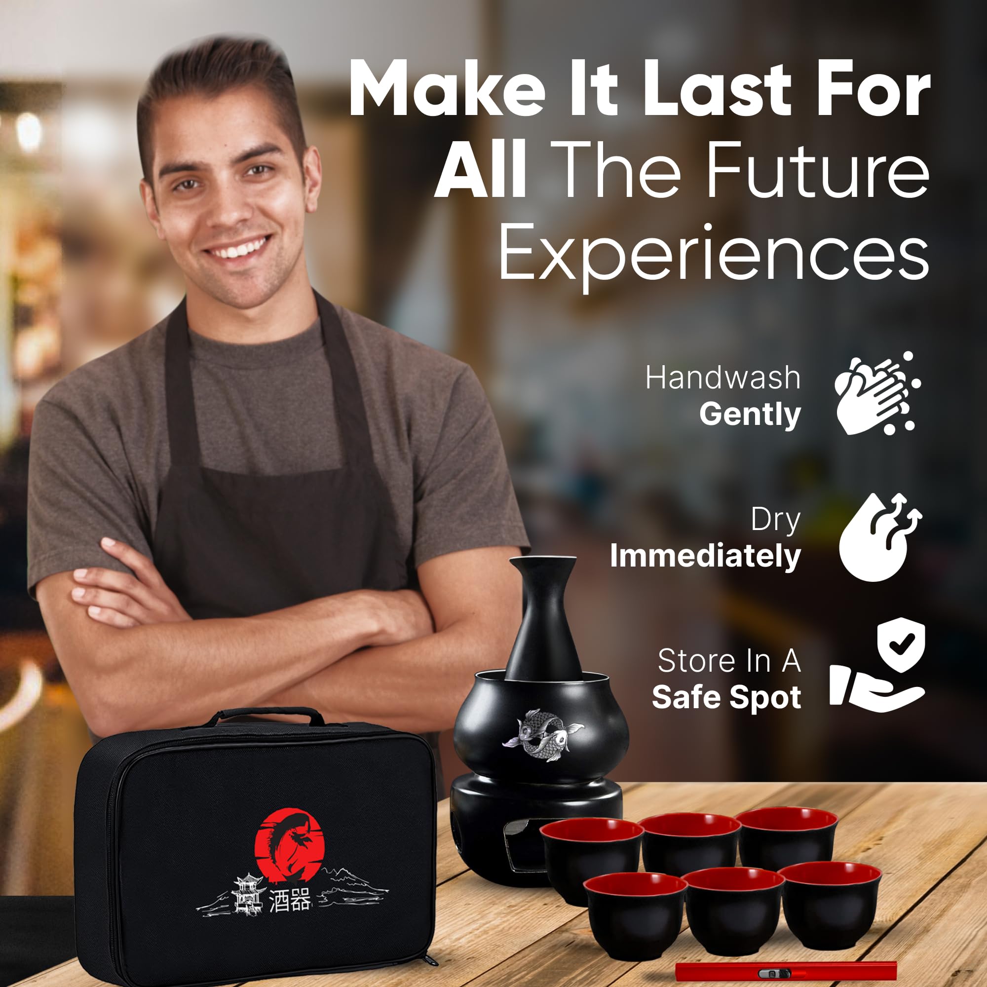 Funda de cuero sintético para guardar el set de sake de i2 Home con cuidado.