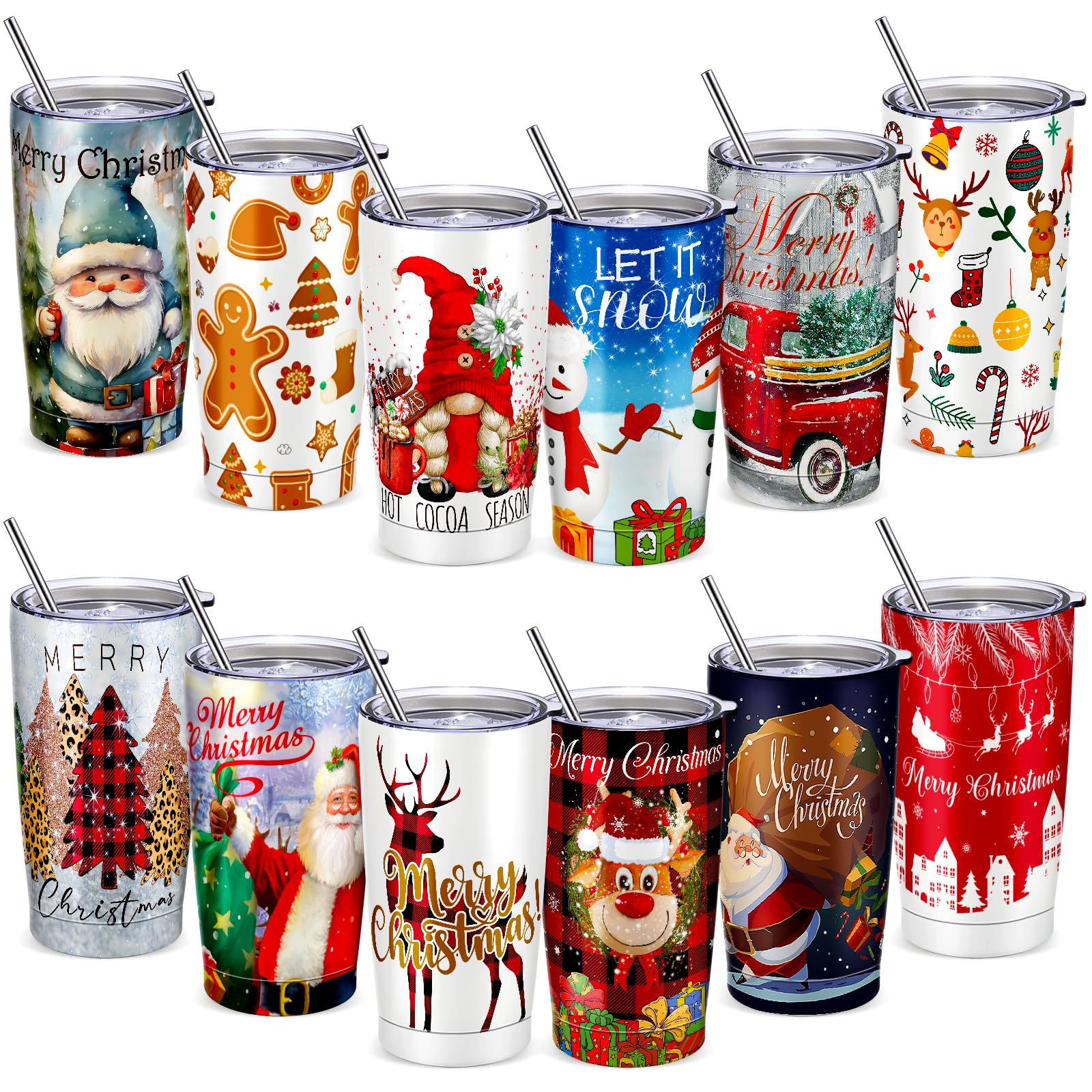 iAOVUEBY tazas navidad 12 piezas con tapa y pajilla, ideales para regalar