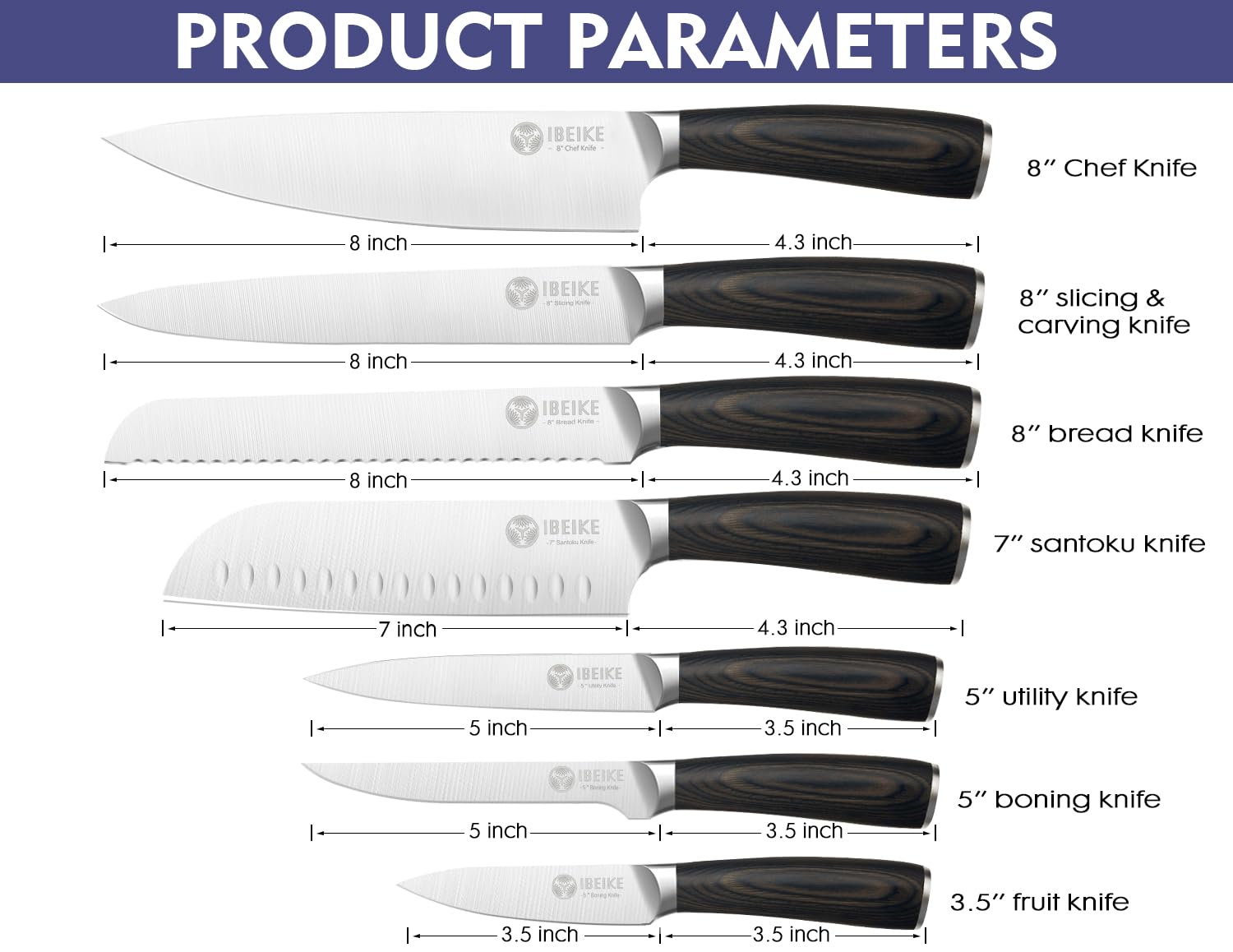 IBEIKE cuchillo pan 8 pulgadas, ideal para rebanar panes crujientes.