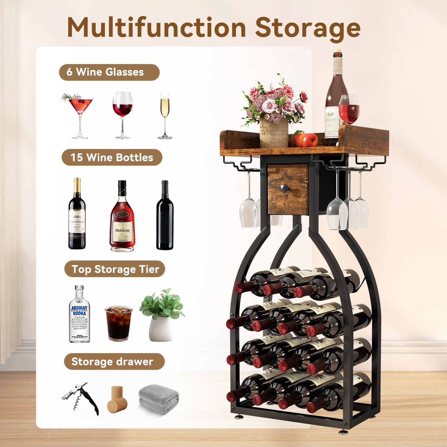 IBUYKE estante cajon central, almacenamiento práctico para accesorios y botellas.