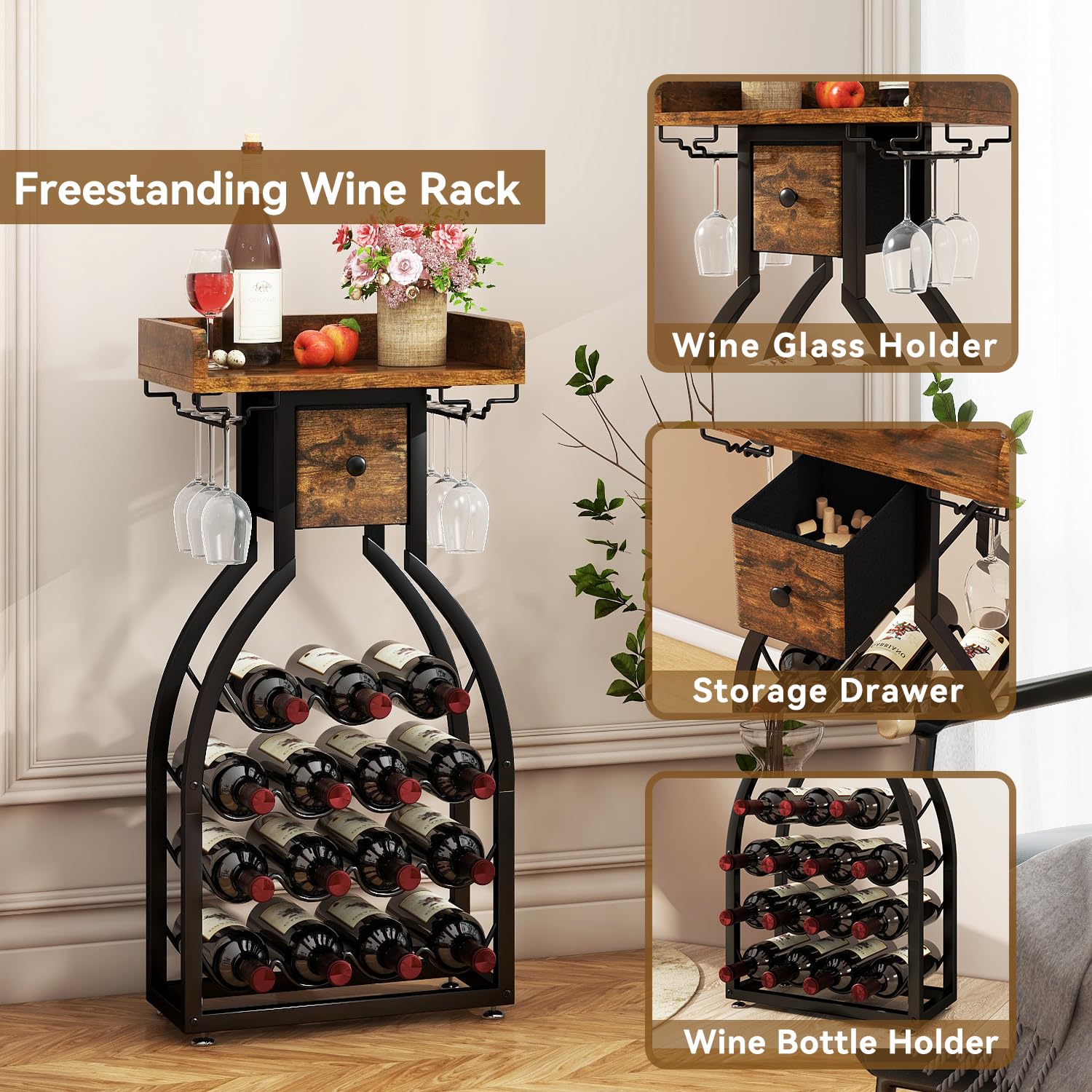 IBUYKE estante vino-estructura madera metal, construcción duradera y estable.
