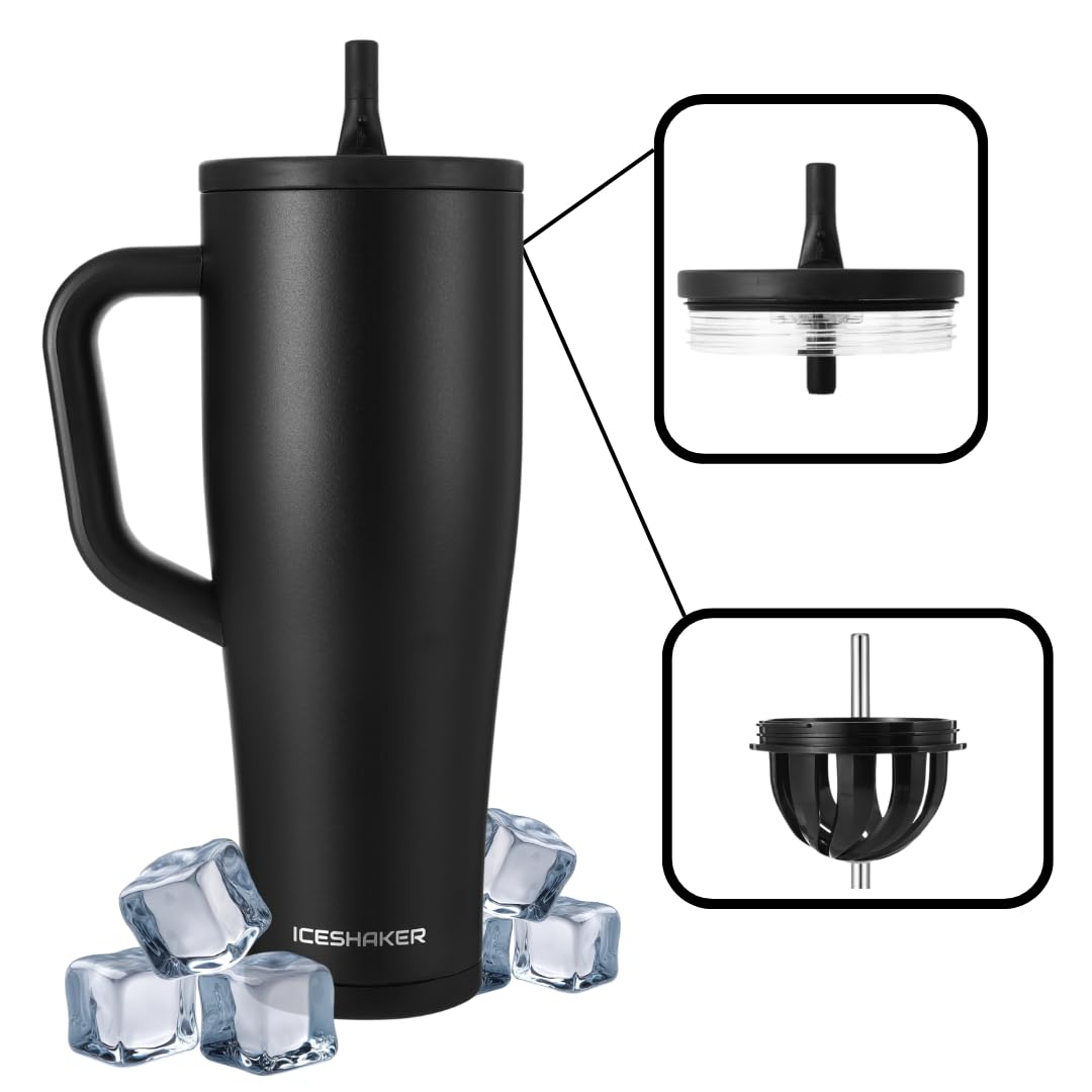 Ice Shaker botella 40 onzas negra con manija, ideal para agua y batidos en movimiento