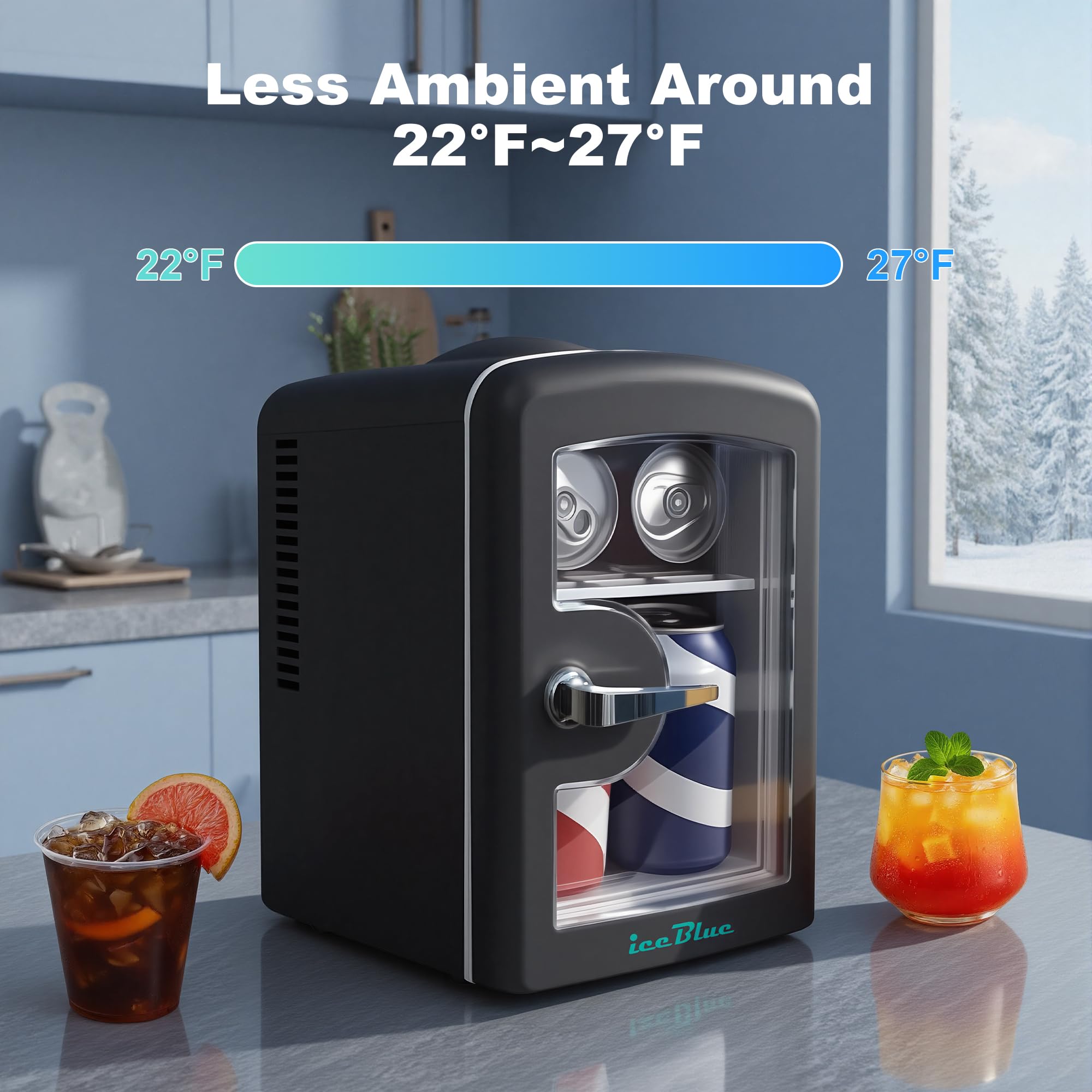 Iceblue mini frigo con núcleo de enfriamiento para conservar cosméticos.