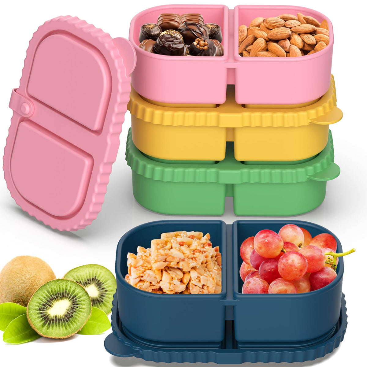 ICEROYCE contenedores snack de silicona con tapas, ideal para salsas y meriendas.