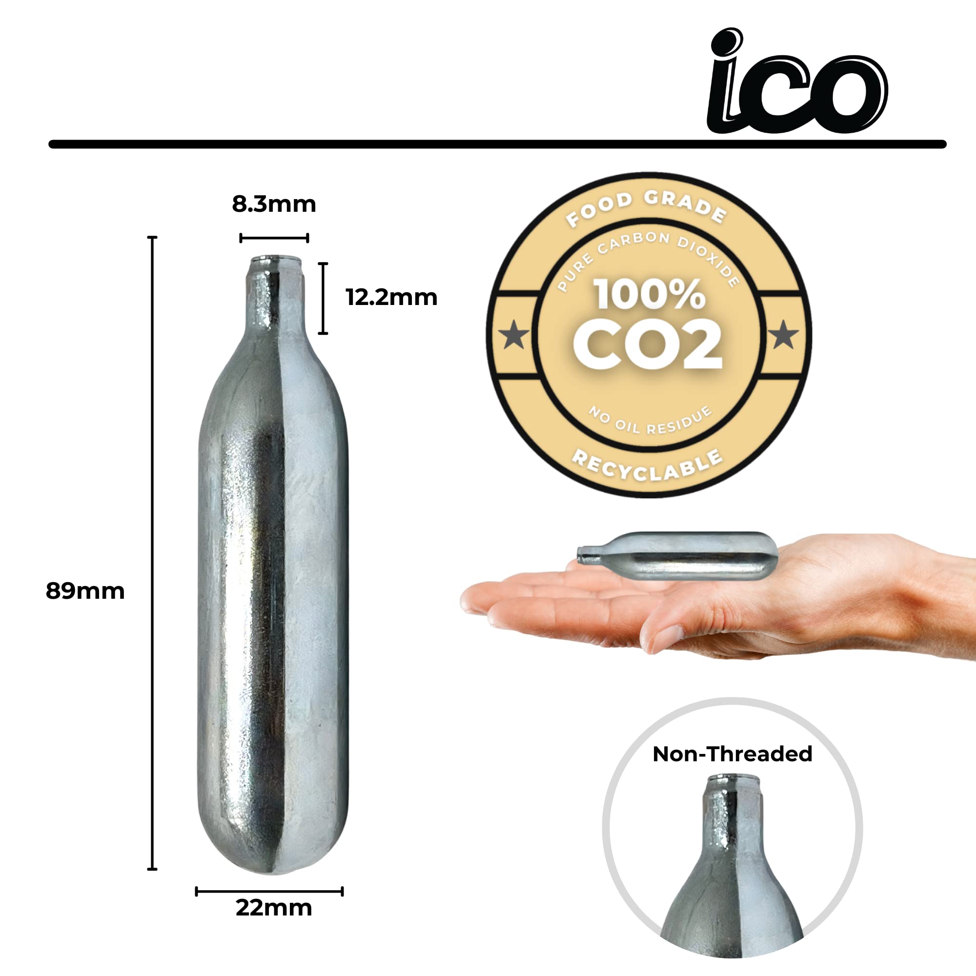 Cartucho ICO CO2 16 g sin rosca, compatible con dispensadores portátiles
