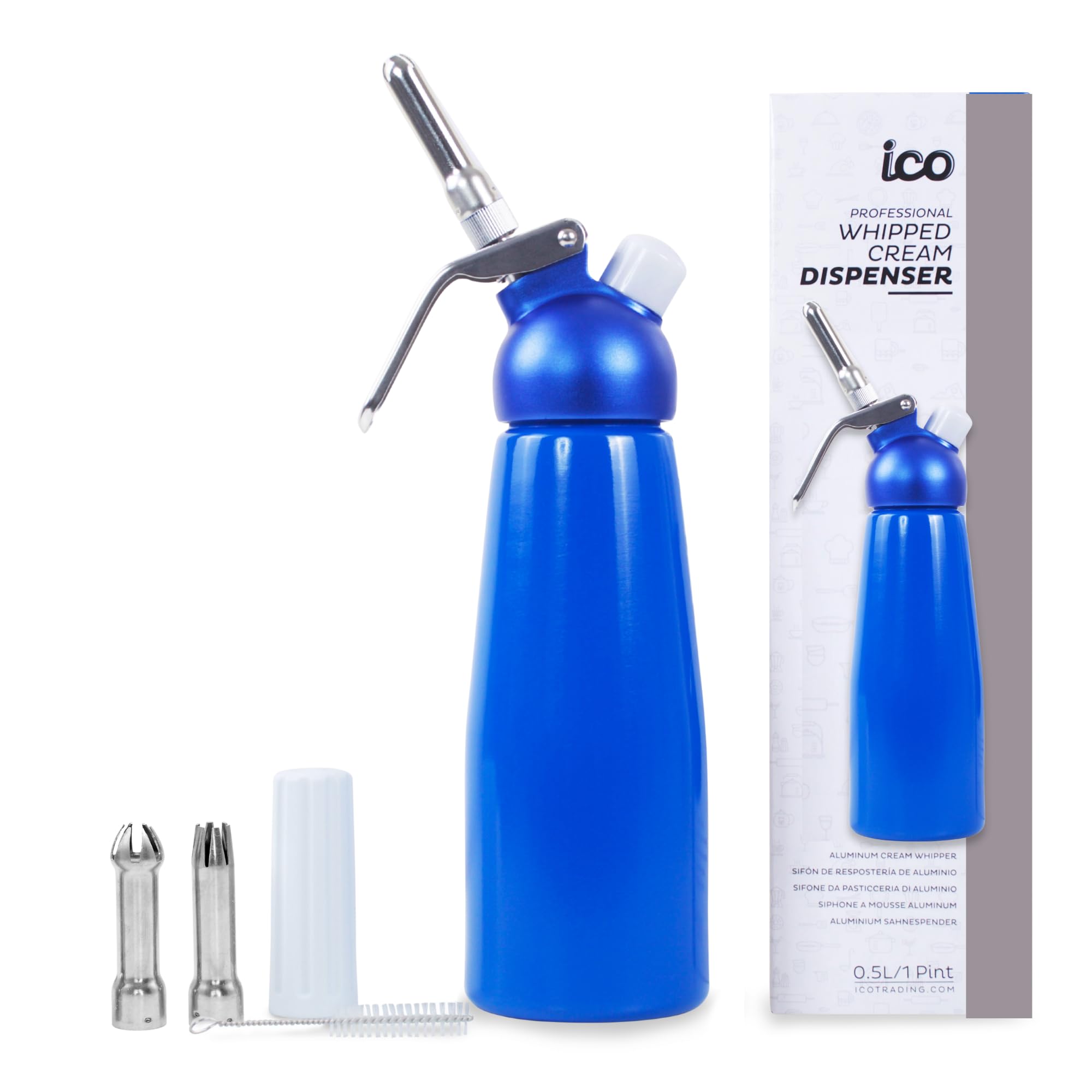 ICO Dispensador de crema batida azul: crema suave y casera lista en segundos.