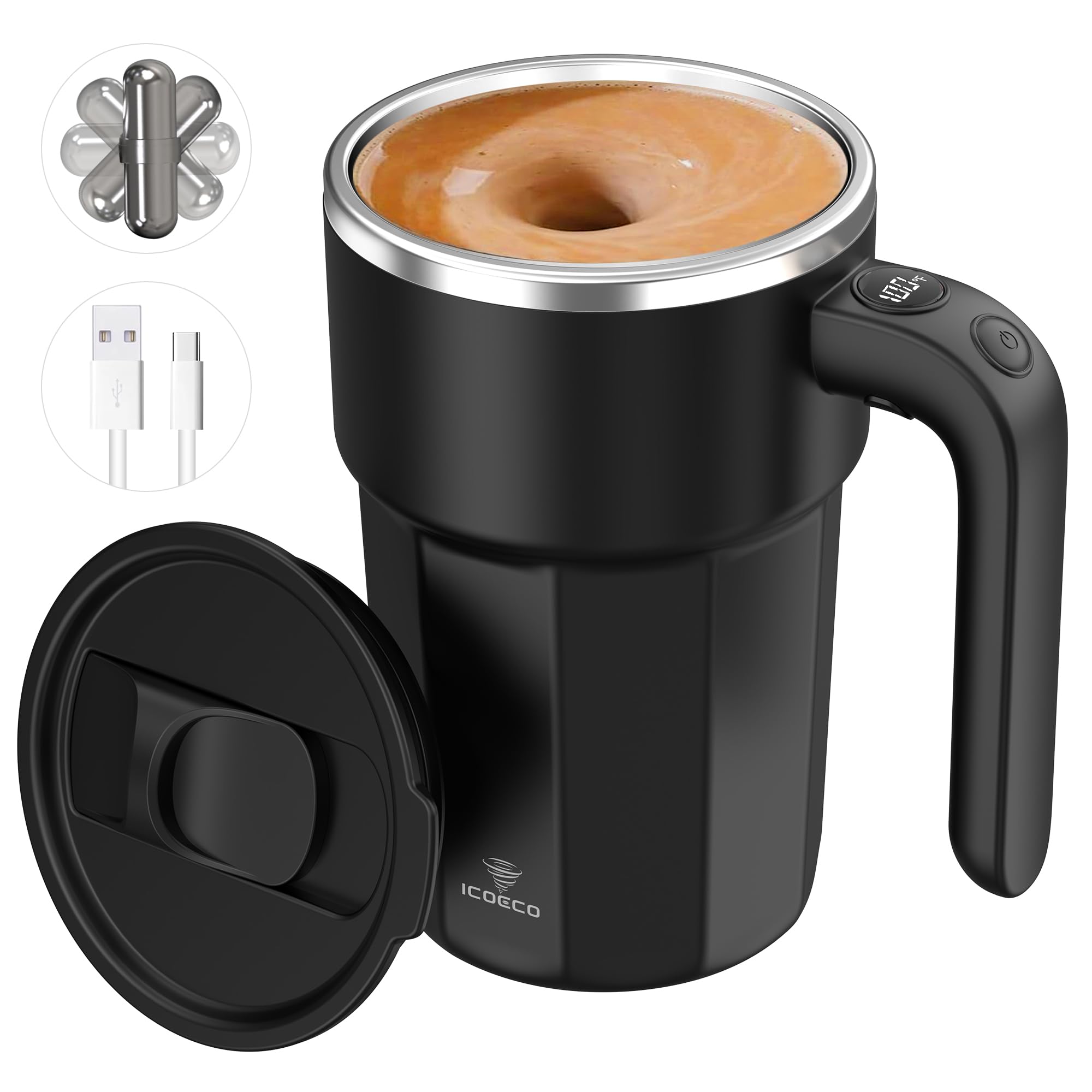  ICOECO Taza auto-mezcla 12oz, perfecta para café matutino.