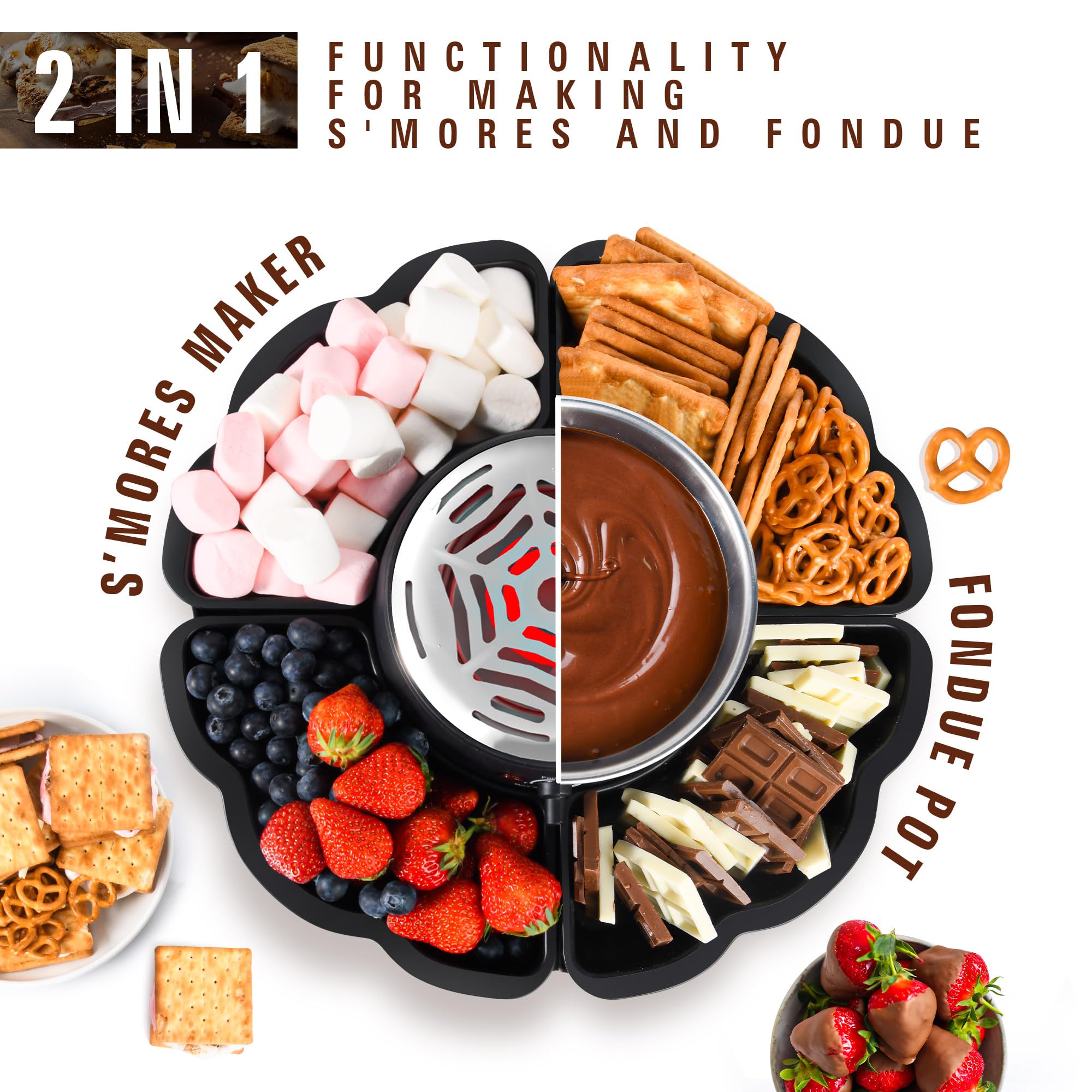 ICRINA fondue eléctrico sin llama, calor suave y seguro para postres.