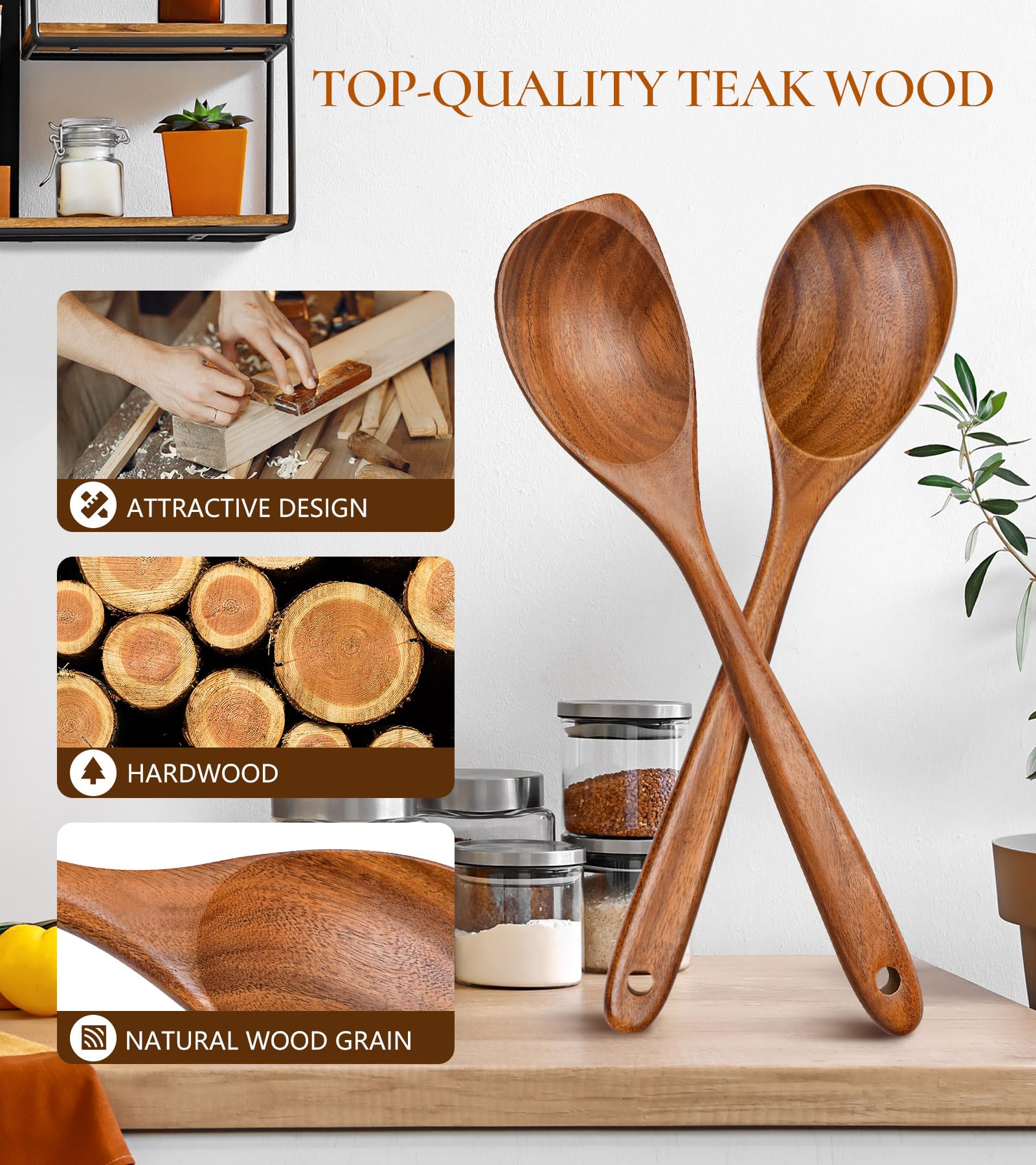 ICSTI: cuchara de teca con mango ergonómico para mayor control al cocinar.
