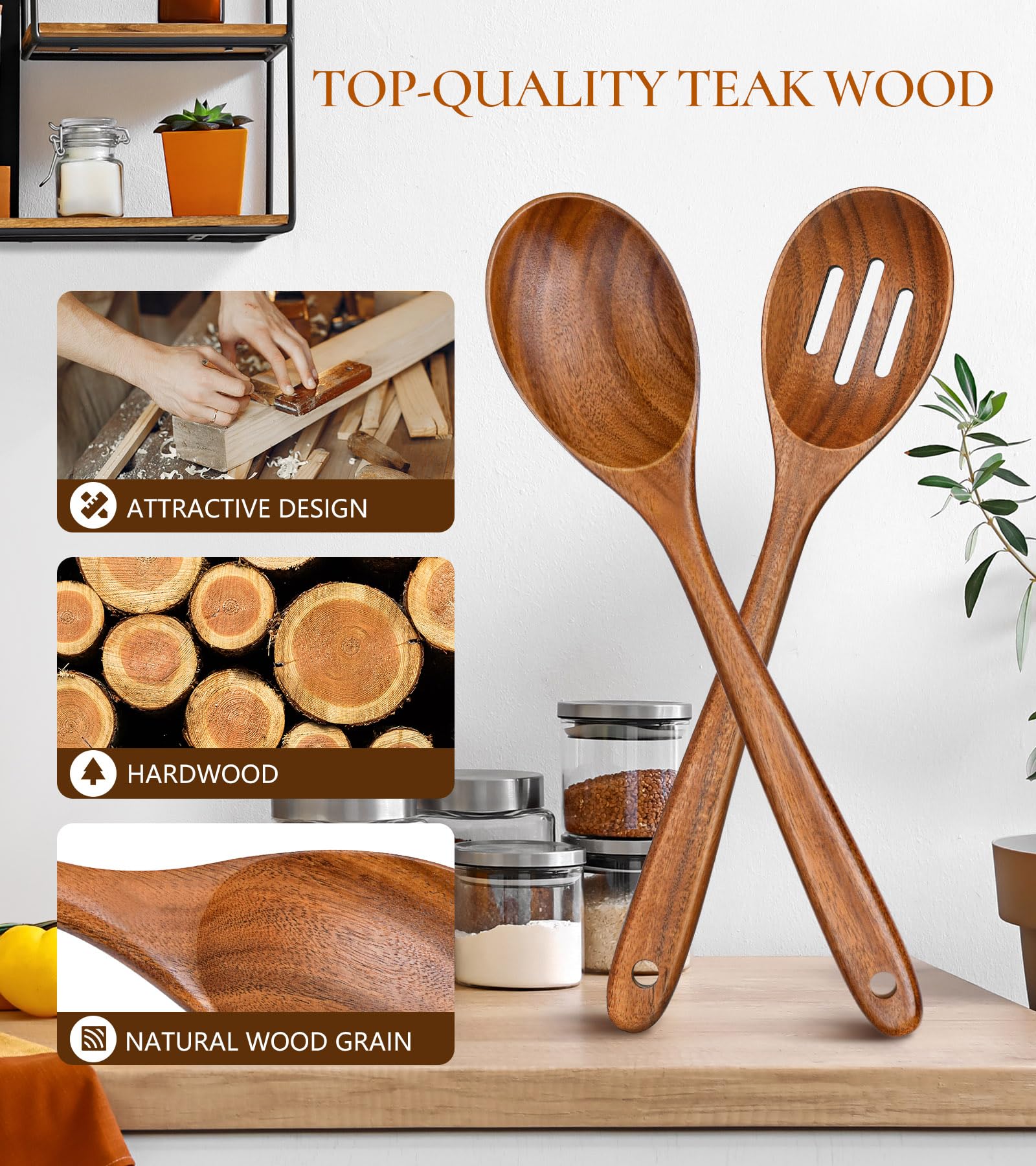 ICSTI cuchara escurridora teca, excelente para drenar líquidos y servir verduras.