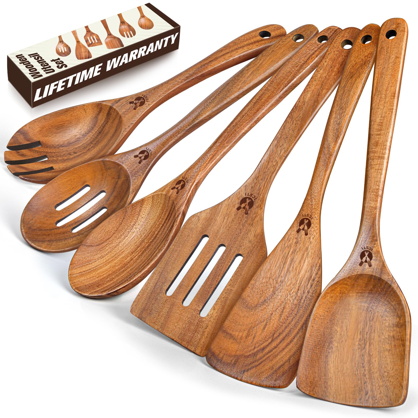 ICSTI cucharas de madera teca: juego de 6, duradero para sartenes
