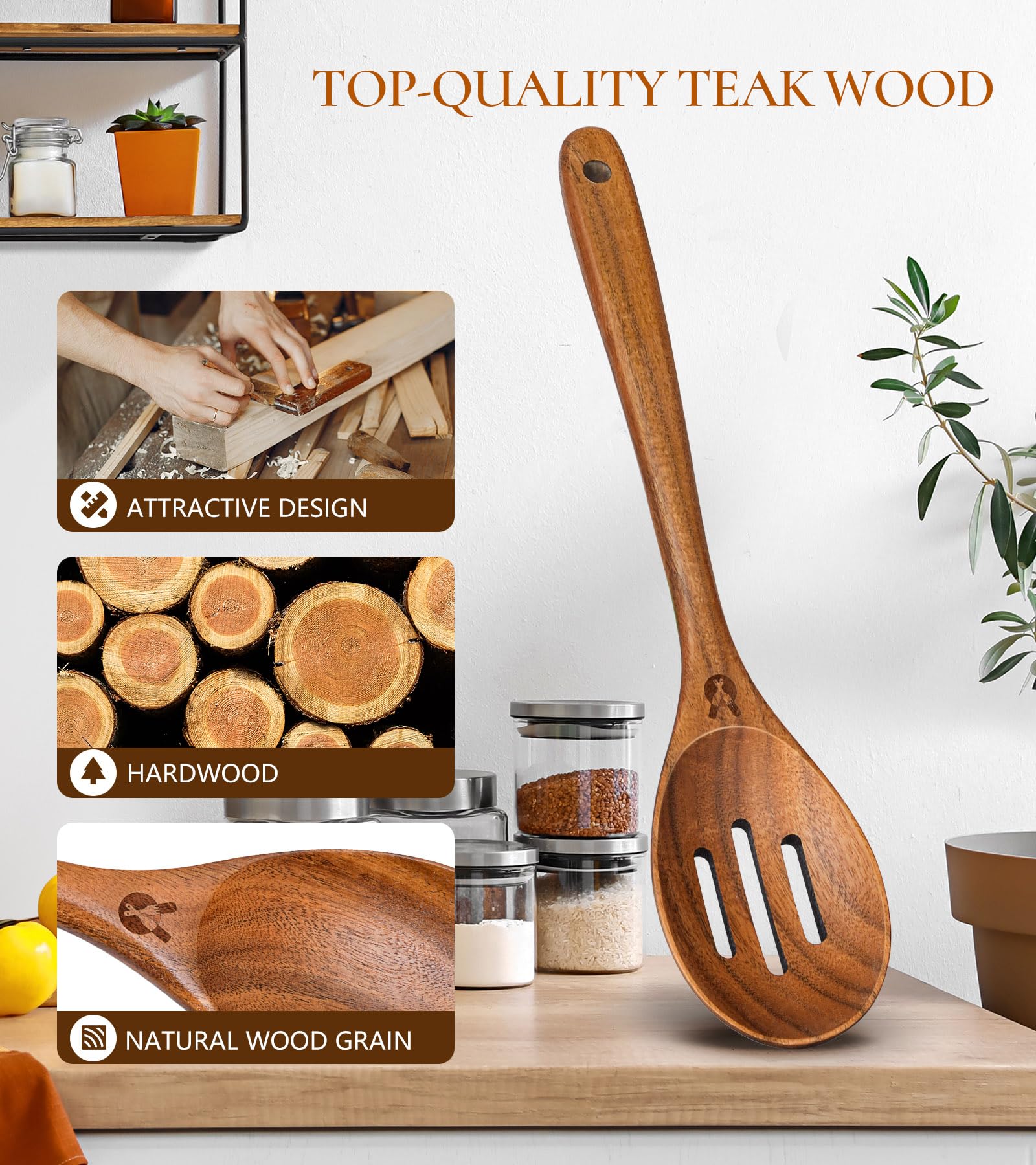 ICSTI Cucharón de madera ergonómico con mango largo para mezclar con comodidad.