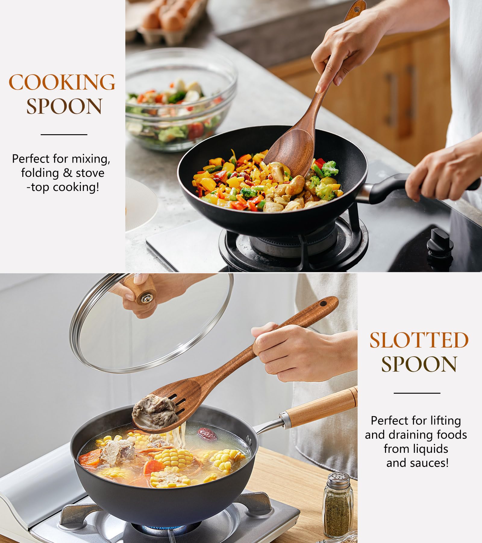 ICSTI detalle grano teca, acabado suave para una experiencia agradable al cocinar.