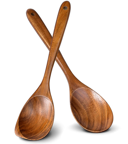 ICSTI: dos cucharas de teca premium para cocina, ideal para mezclar sin rayar sartenes antiadherentes.