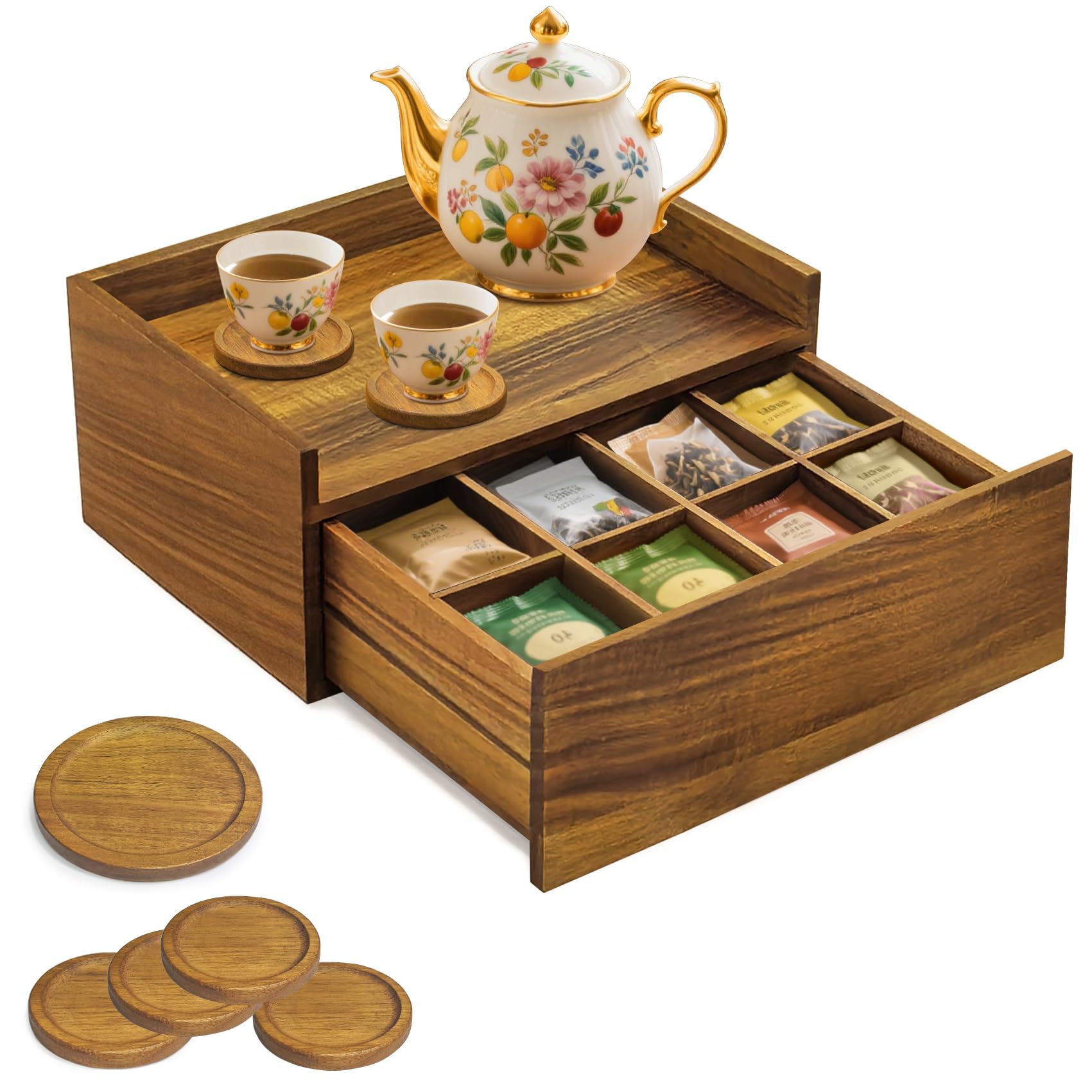 Idefair caja de té Acacia, vista frontal, diseño elegante y almacenamiento práctico.