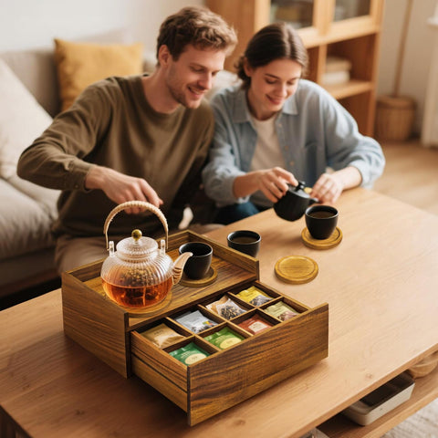 Idefair caja de té Acacia, opción de regalo con estilo cálido de madera.