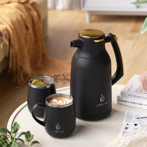 Ideus cafetera térmica 68 onzas acabado negro-oro elegante.