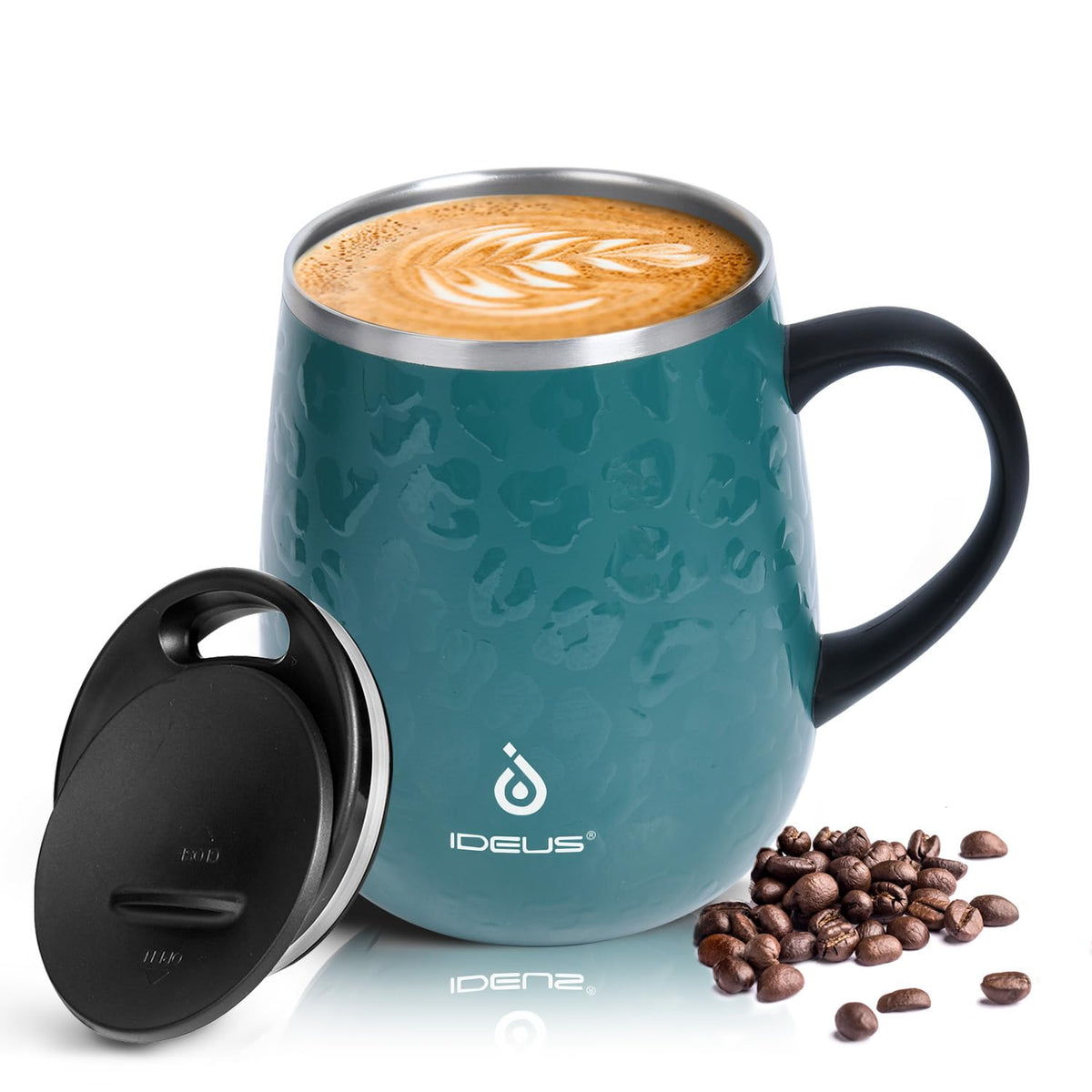 Ideus taza cafe aislada con asa y tapa en verde leopardo, ideal para café caliente.