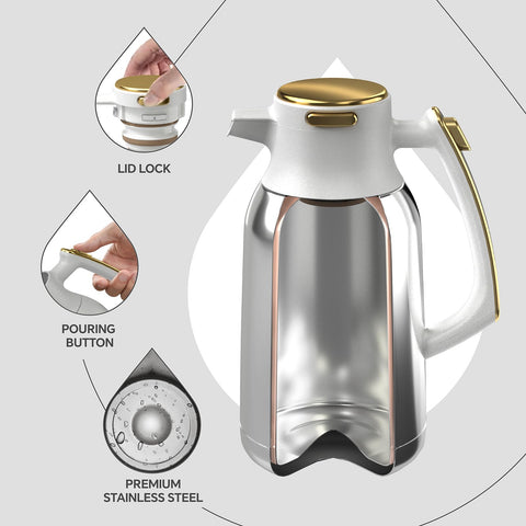 IDEUS cafetera 68oz acabado exterior blanco dorado añade elegancia.