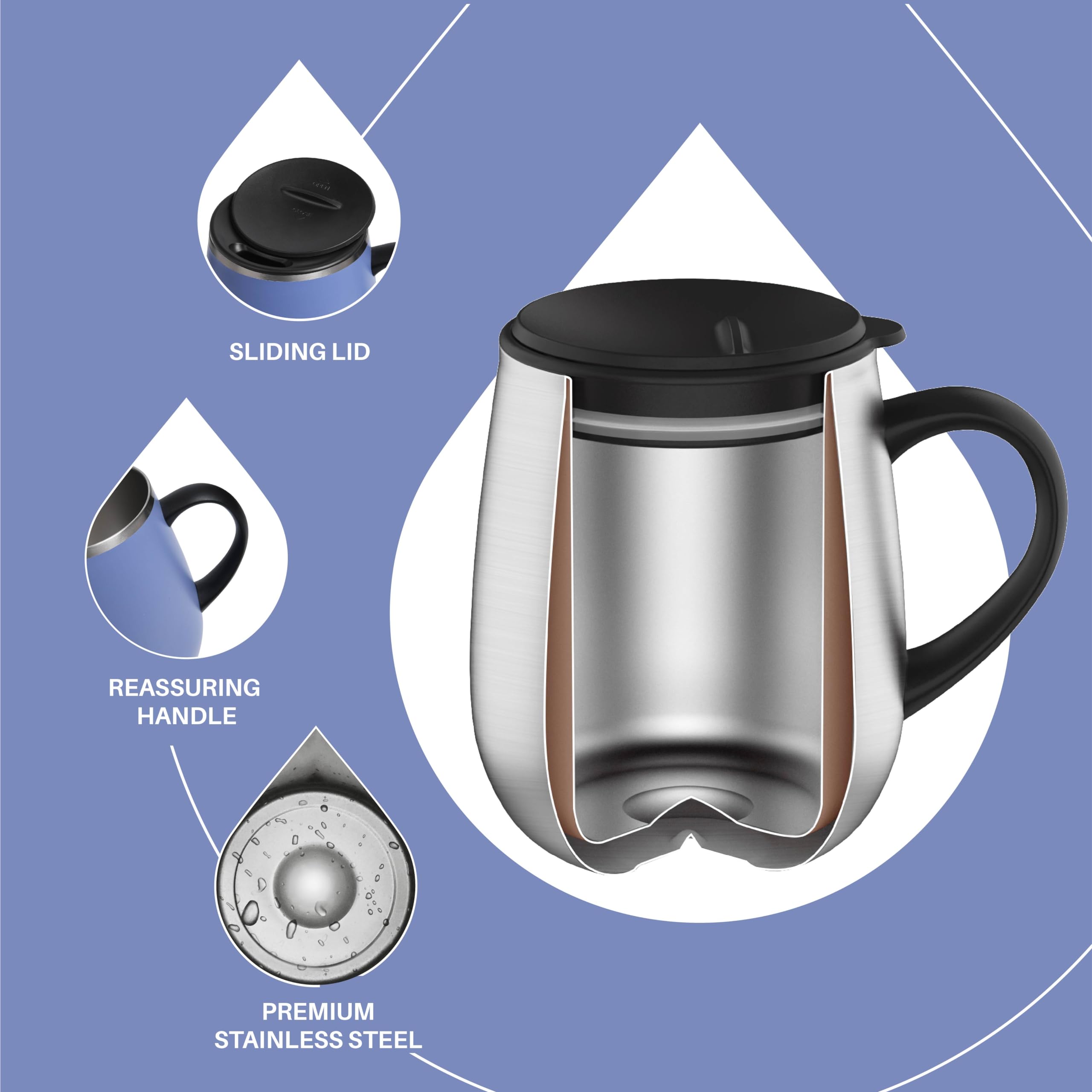 Ideus vaso térmico 16oz, tapa de silicona evita salpicaduras.