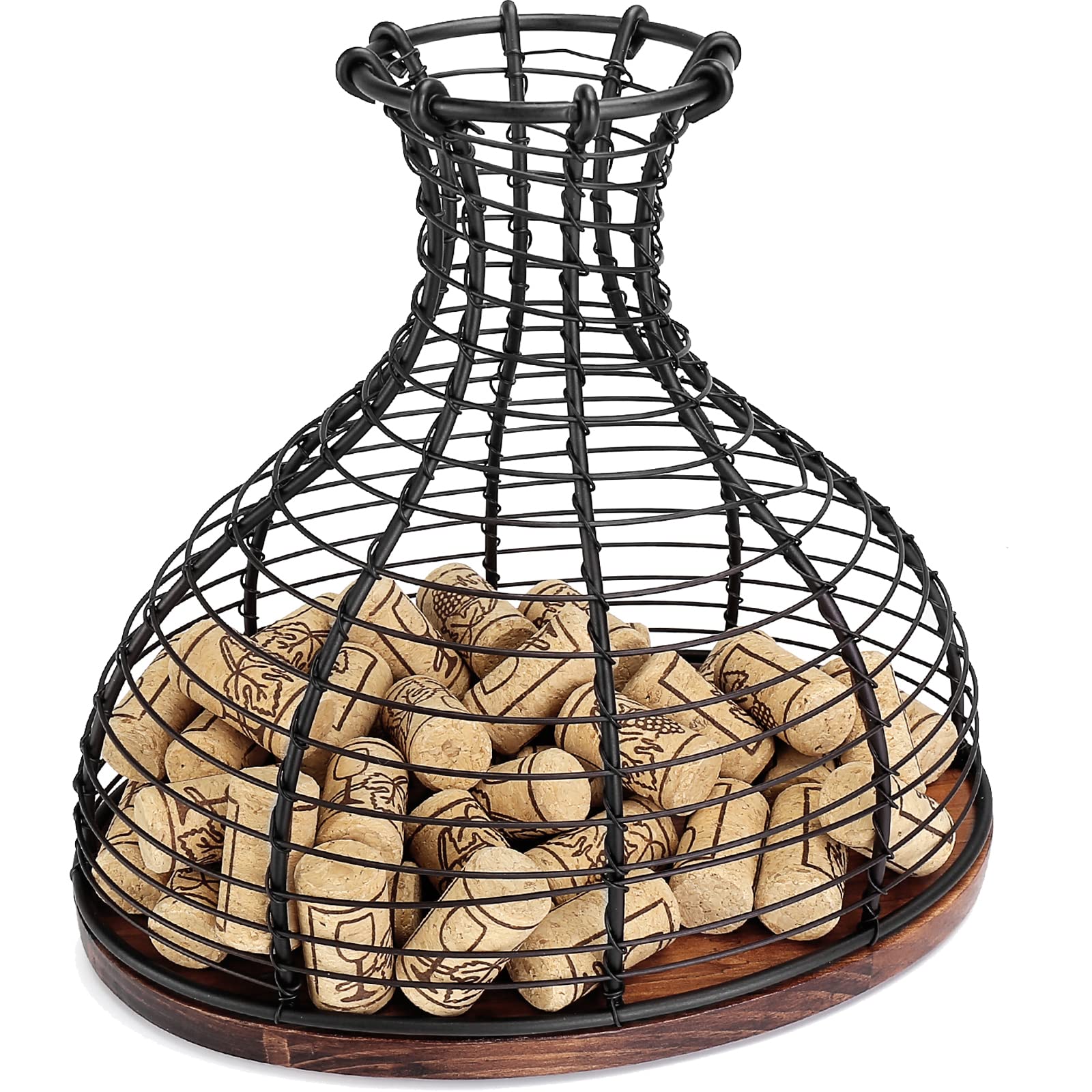 IEBIYO contenedor de corchos de vino en bronce negro con base de madera, elegante y práctico.