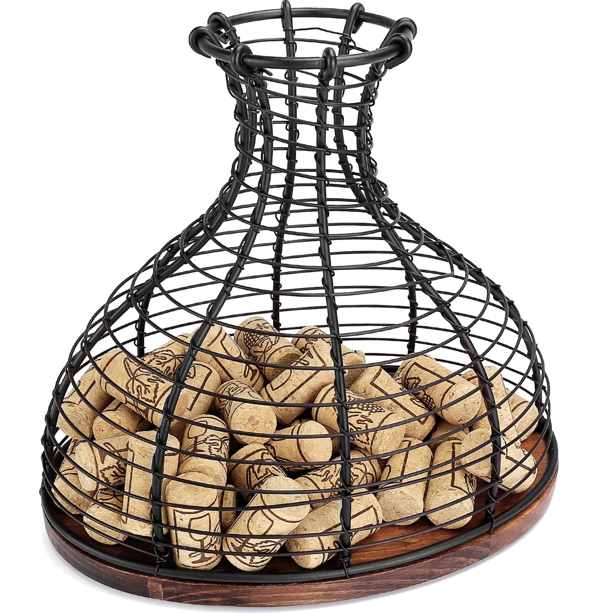 IEBIYO contenedor de corchos de vino en bronce negro con base de madera, elegante y práctico.
