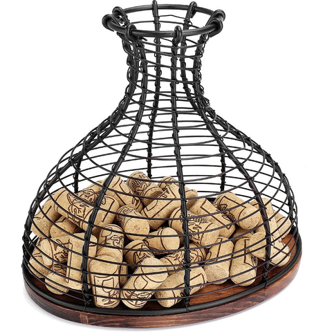 IEBIYO contenedor de corchos de vino en bronce negro con base de madera, elegante y práctico.