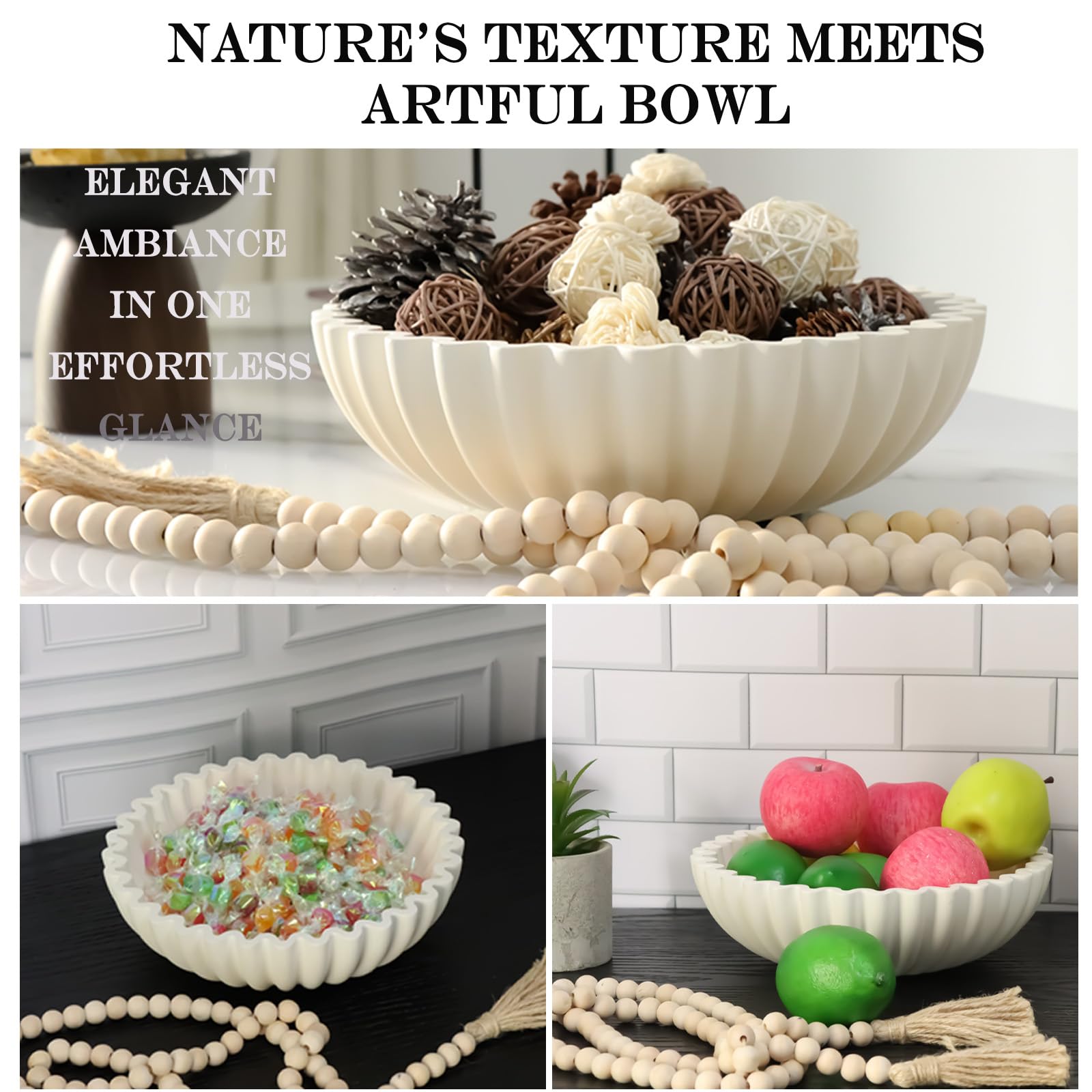 Iemegumi cuenco decorativo blanco con borde acanalado, ideal para presentar frutas