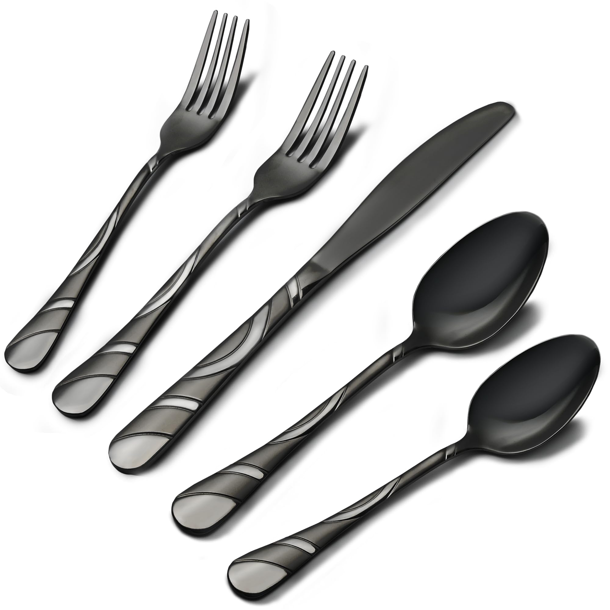 IFERRENS juego de cubiertos negro plateado para 12 personas, ideal para cenas formales.